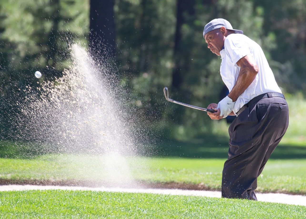 Charles Barkley swings during the final round of the American Century Celebrity Championship golf tournament at Edgewood Tahoe Golf Course in Stateline, Nev., Sunday, July 13, 2025.