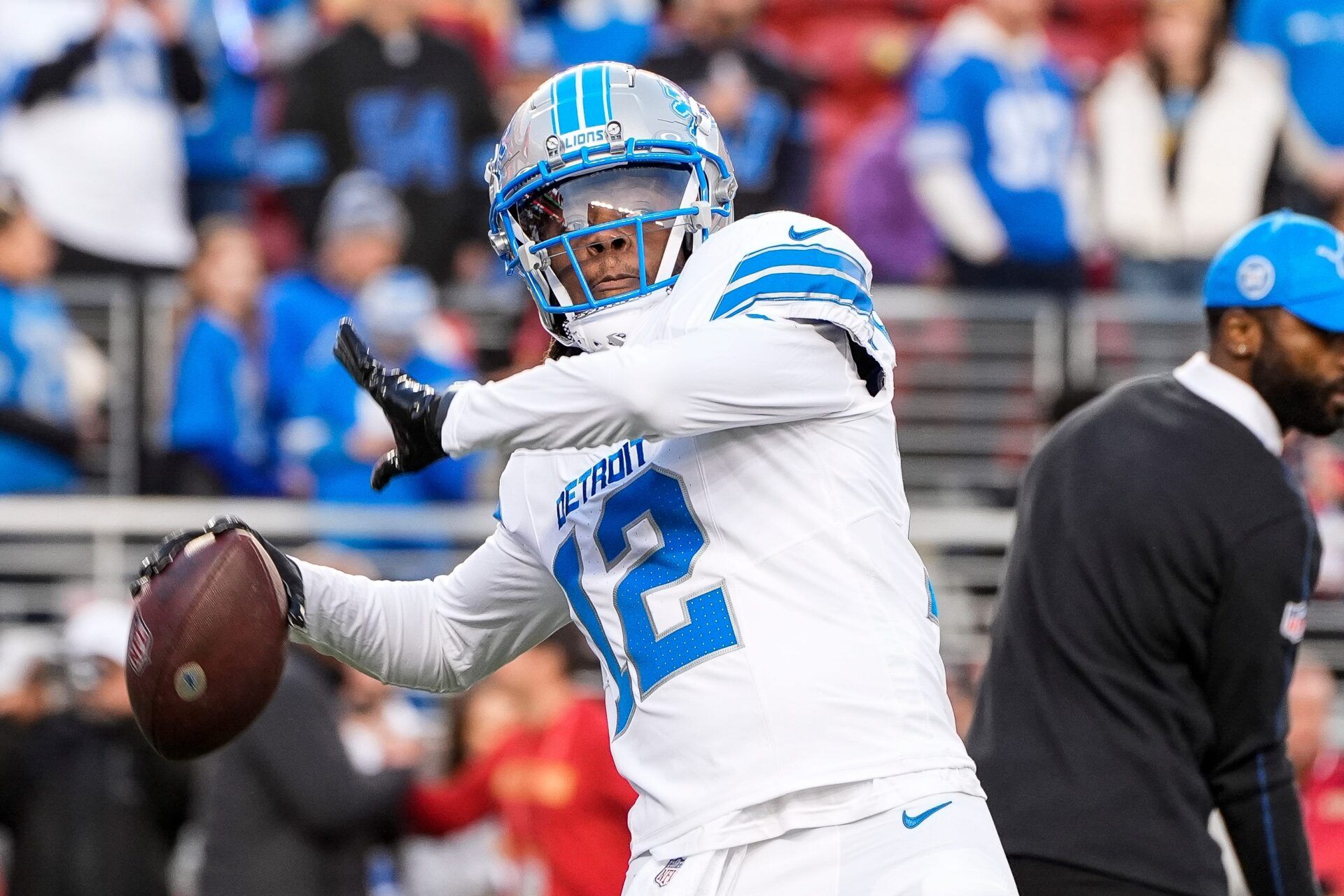 Detroit Lions quarterback Teddy Bridgewater (12) warms up before the game between San Francisco 49ers and Detroit Lions at Levi's Stadium in Santa Clara, Calif. on Monday, Dec. 30, 2024.