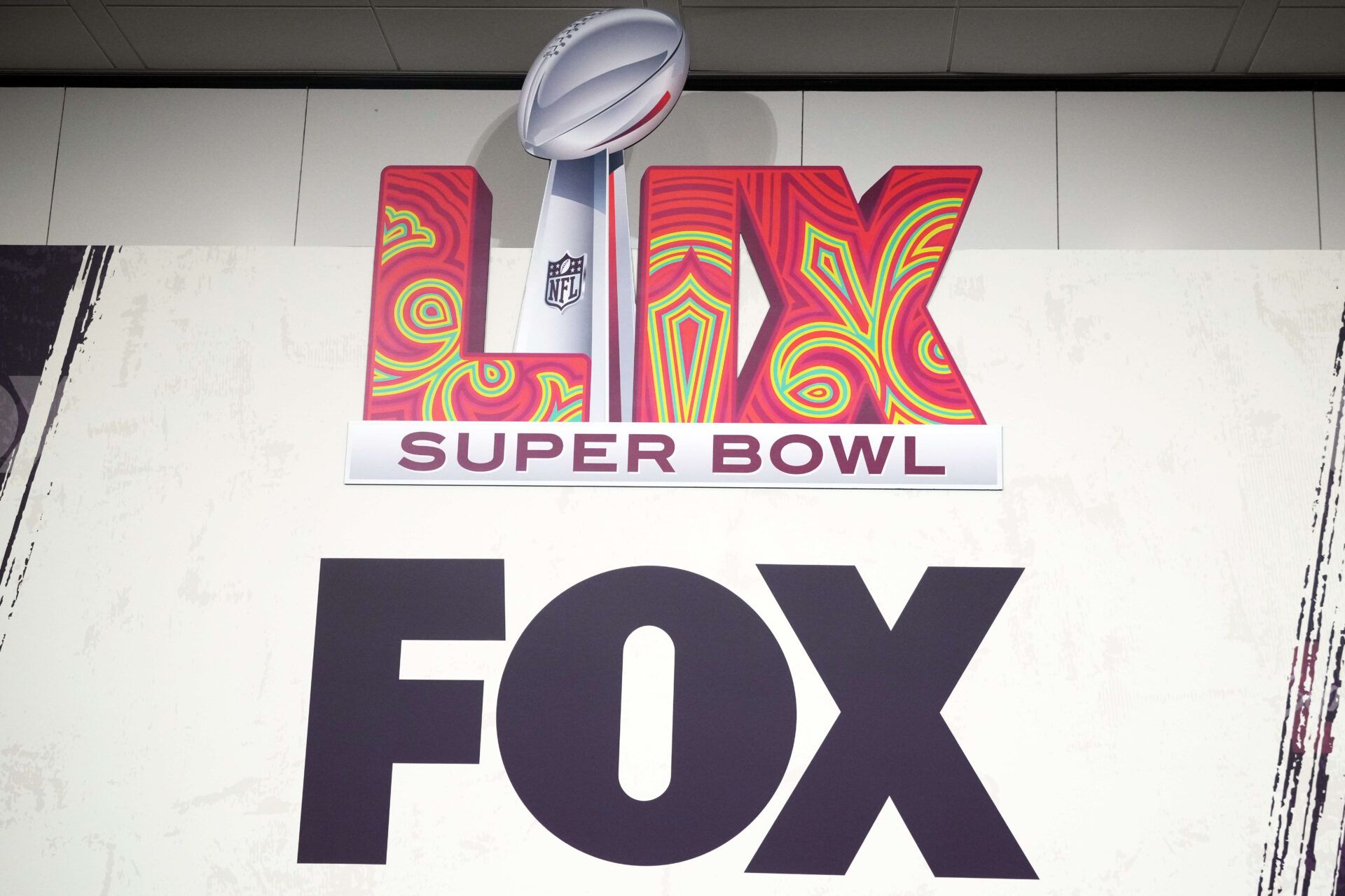 The Super Bowl LIX logo at Fox Sports media day at Ernest N. Morial Convention Center.