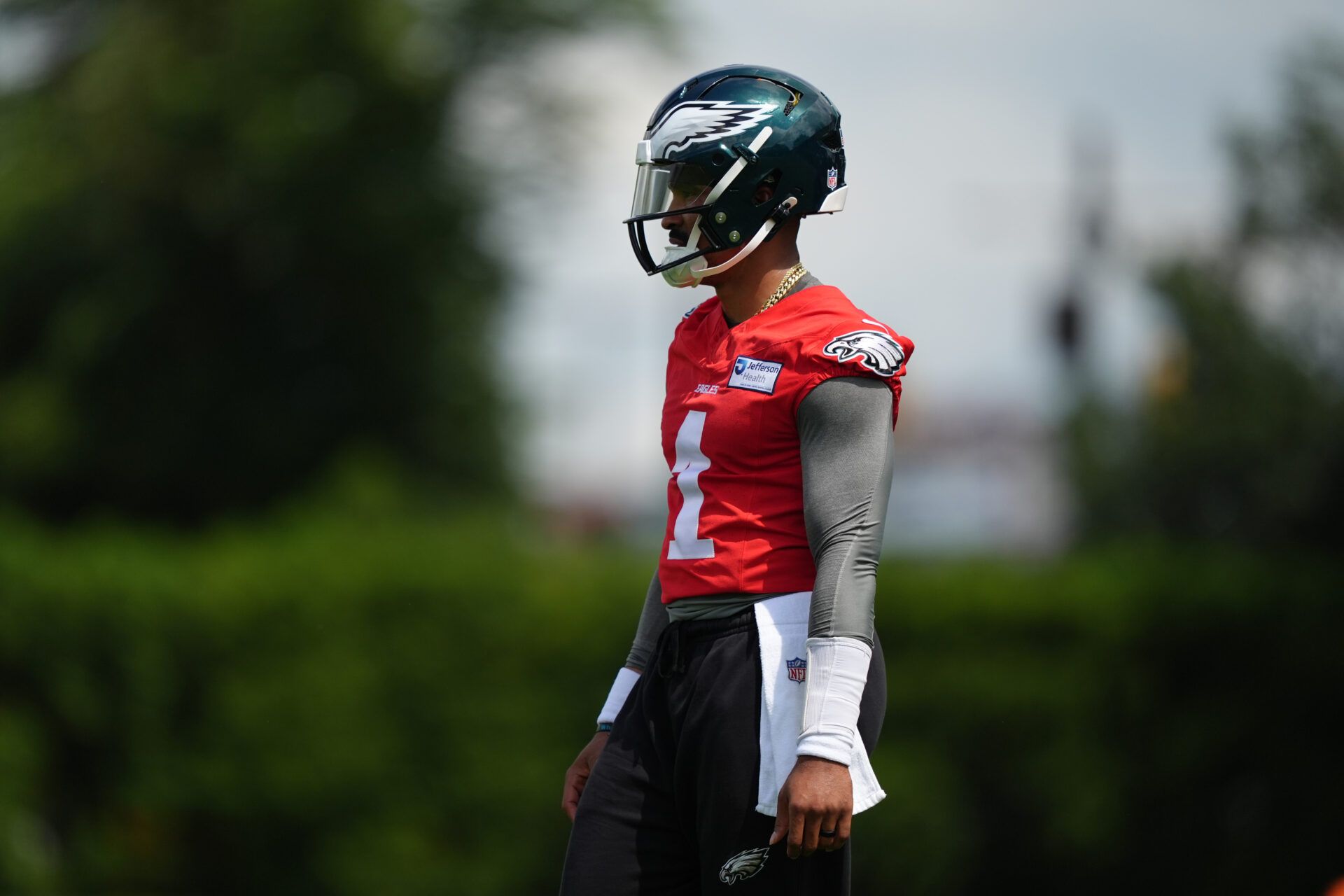 Philadelphia Eagles quarterback Jalen Hurts (1) looks on during a practice drill at NovaCare Complex.