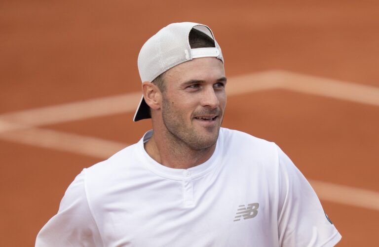 Tommy Paul of the United States reacts to a point during his match against Marton Fucsovics of Hungary on day four at Roland Garros Stadium.