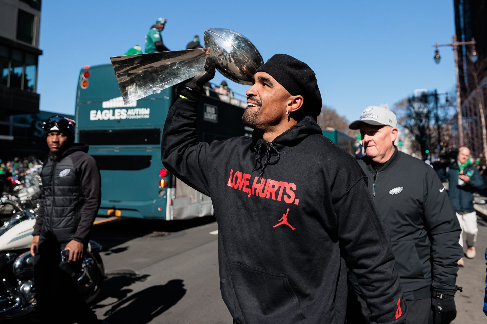Philadelphia Eagles quarterback Jalen Hurts (1) celebrates with the Lombardi Trophy during the Super Bowl LIX championship parade and rally.