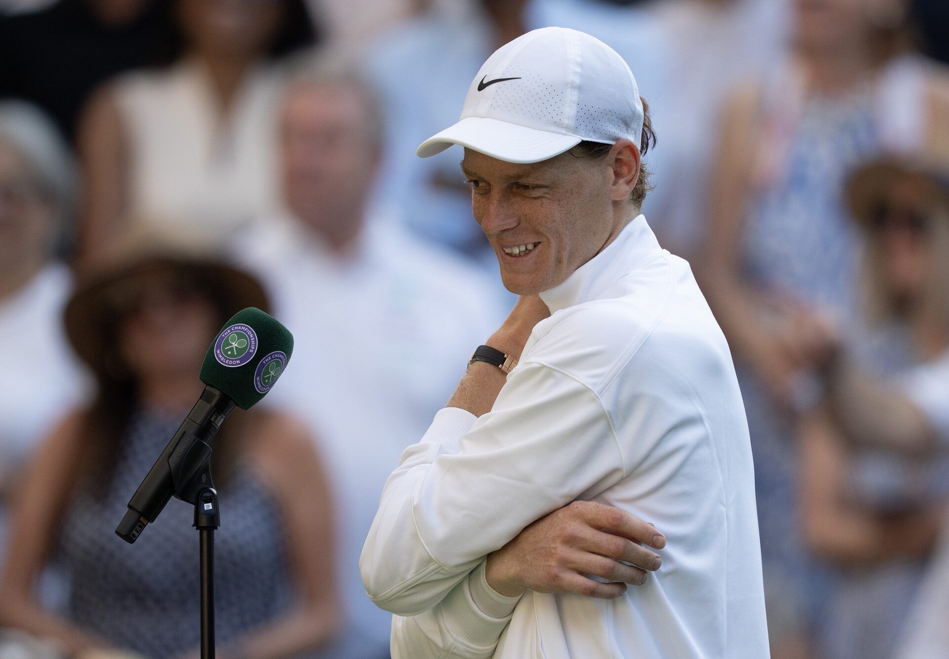Jannik Sinner of Italy at his post match interview after winning his match against Novak Djokovic of Serbia on day 12 at All England Lawn Tennis and Croquet Club.