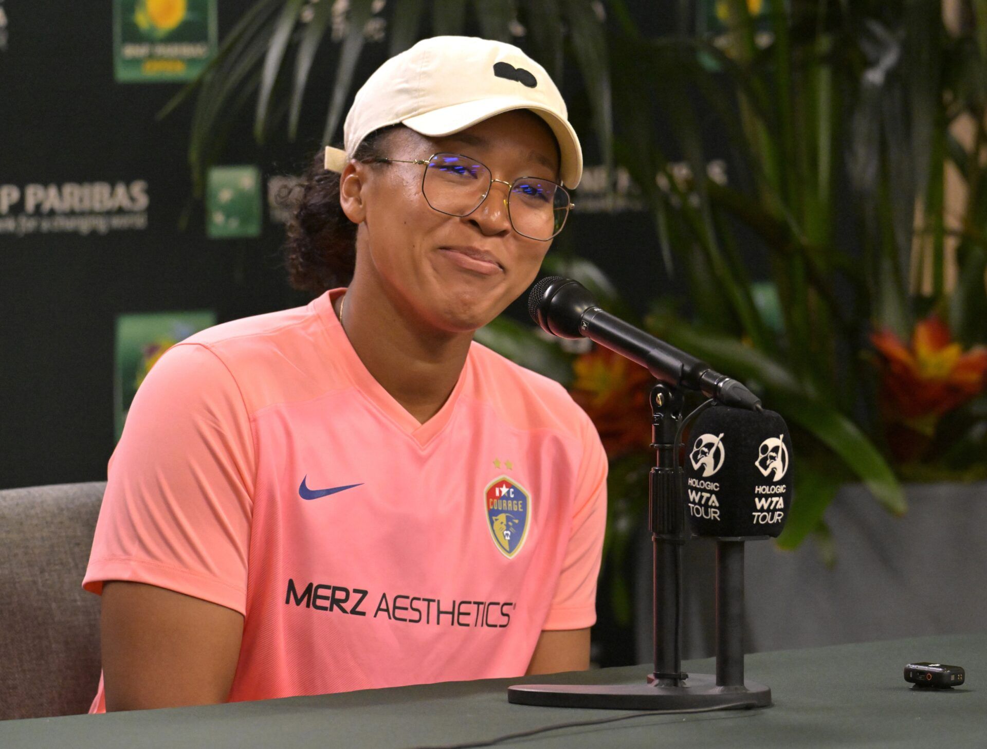 Naomi Osaka (JPN) answers questions from the media during a press conference during the BNP Paribas Open at the Indian Wells Tennis Garden.