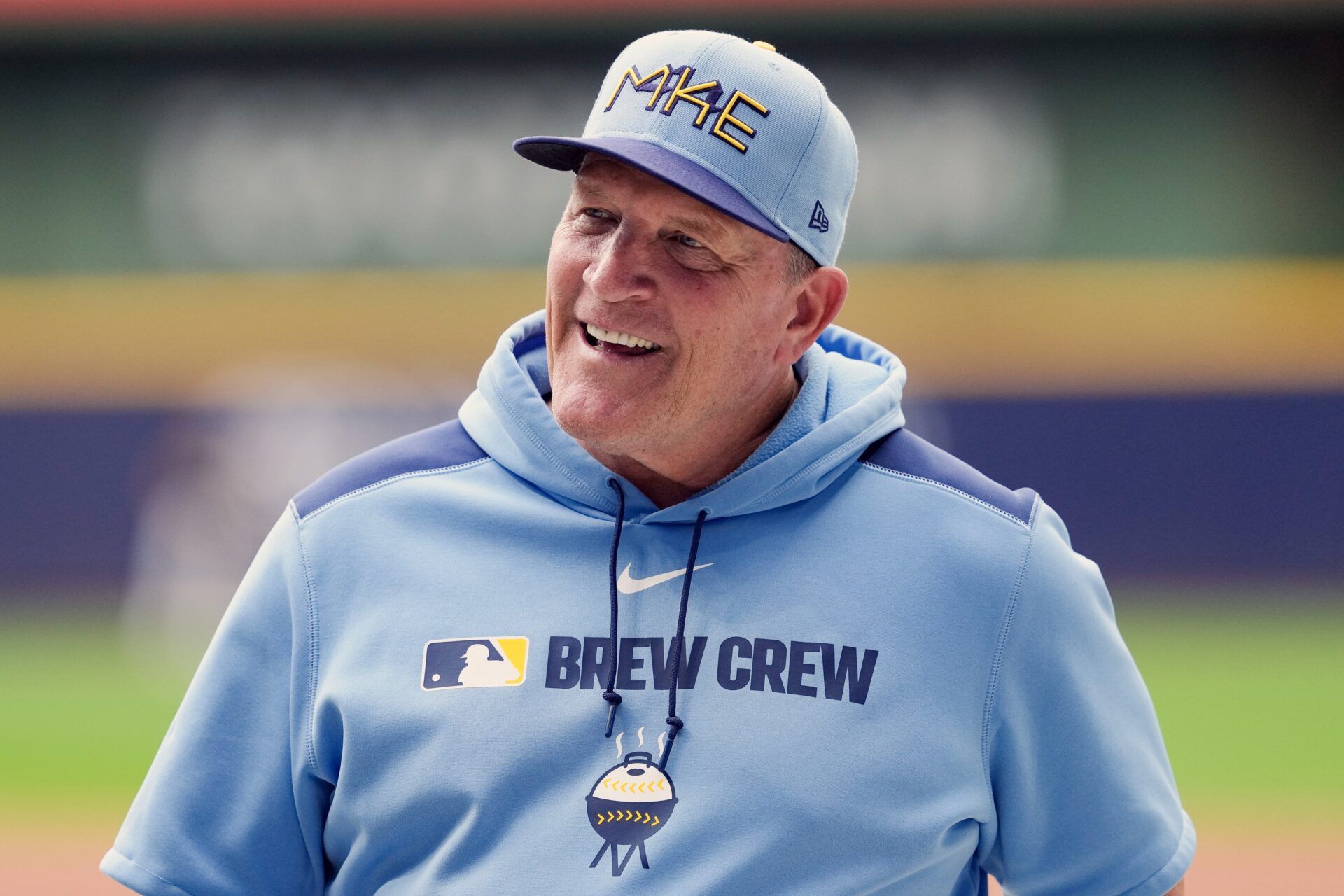 Milwaukee Brewers manager Pat Murphy (49) looks on during warmups prior to the game against the Colorado Rockies at American Family Field.