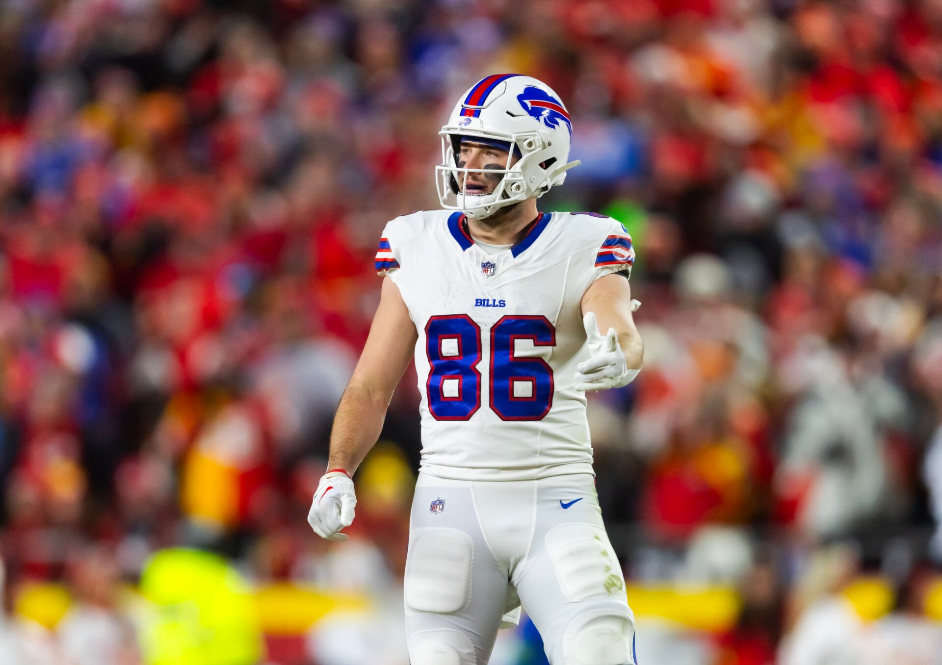 Buffalo Bills tight end Dalton Kincaid (86) against the Kansas City Chiefs during the AFC Championship game at GEHA Field at Arrowhead Stadium.