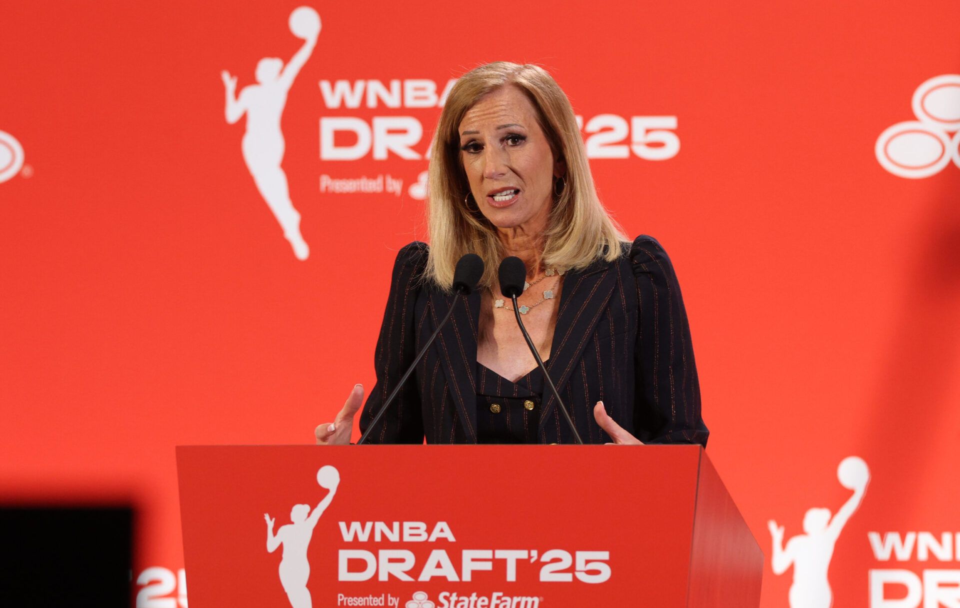 WNBA commissioner Cathy Engelbert talks to the media before the 2025 WNBA Draft at The Shed at Hudson Yards.