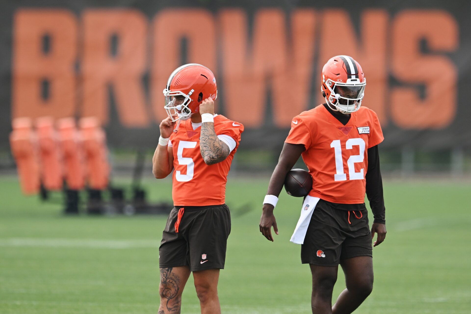 Cleveland Browns quarterback Dillon Gabriel (5) and quarterback Shedeur Sanders (12) during mini camp at CrossCountry Mortgage Campus.