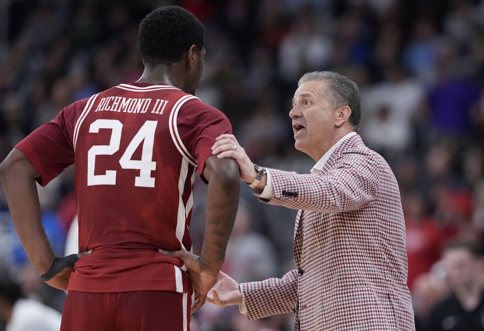 Arkansas Razorbacks head coach John Calipari talks to forward Billy Richmond III (24) during the second half of a second round men’s NCAA Tournament game against the St. John's Red Storm at Amica Mutual Pavilion.