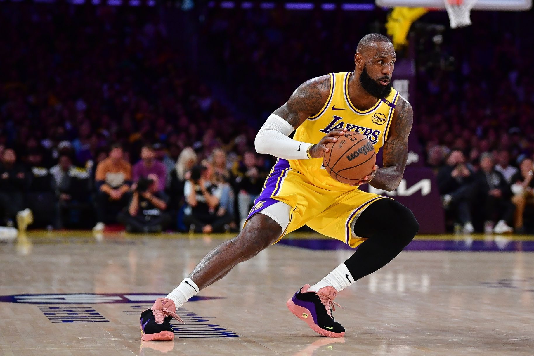 Los Angeles Lakers forward LeBron James (23) controls the ball against the Minnesota Timberwolves during the first half in game five of first round for the 2025 NBA Playoffs at Crypto.com Arena.