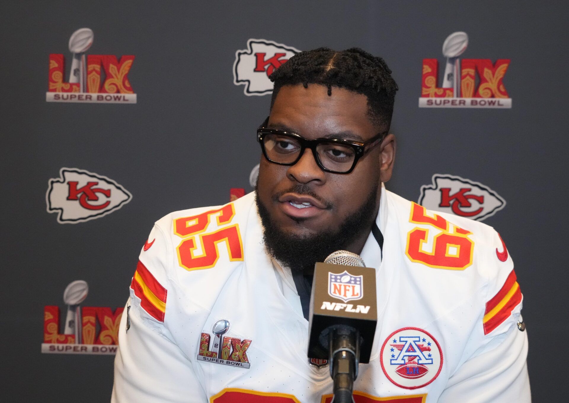 Kansas City Chiefs guard Trey Smith (65) in a press conference ahead of Super Bowl LIX at New Orleans Marriott.