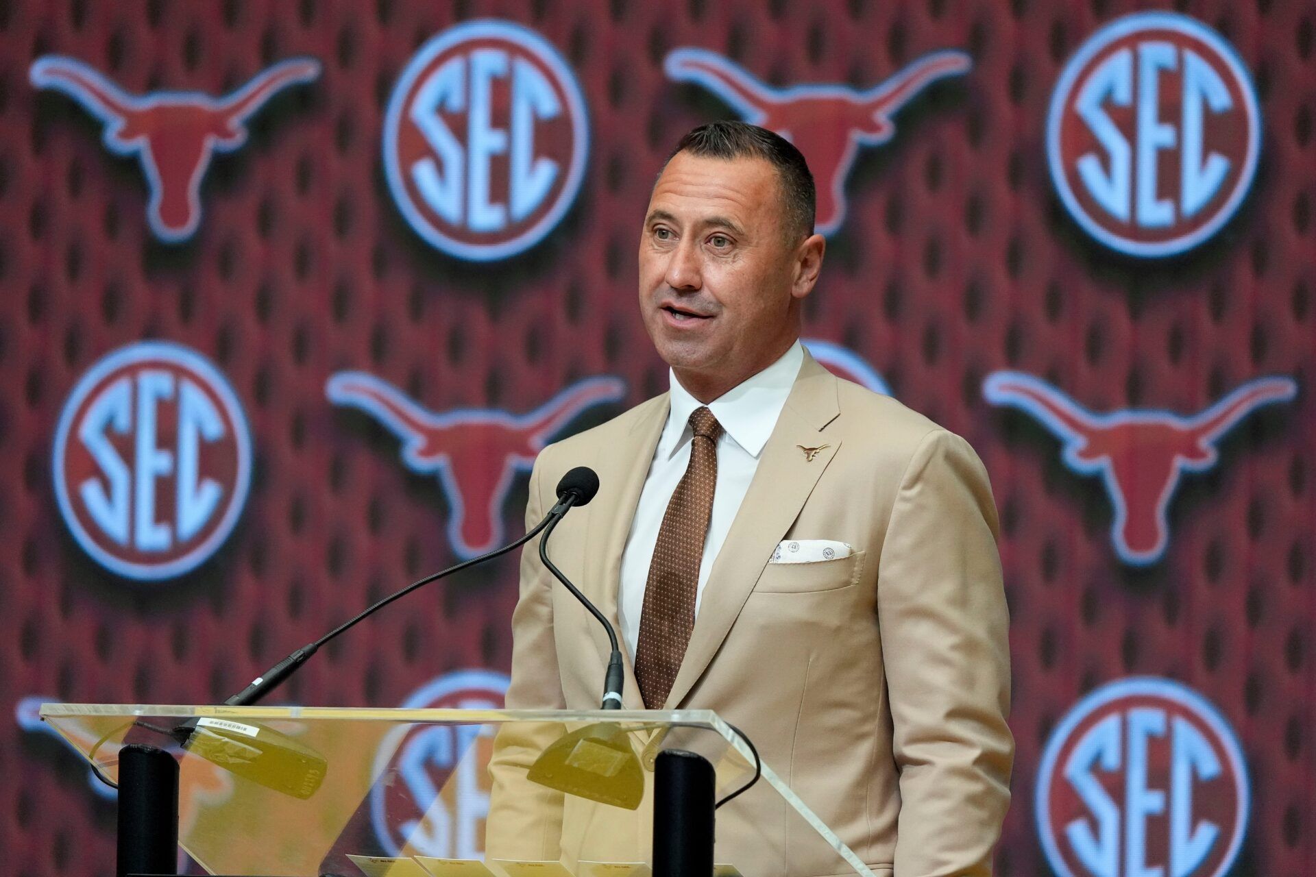 Texas head coach Steve Sarkisian speaks during SEC Media Days at the College Football Hall of Fame in Atlanta.