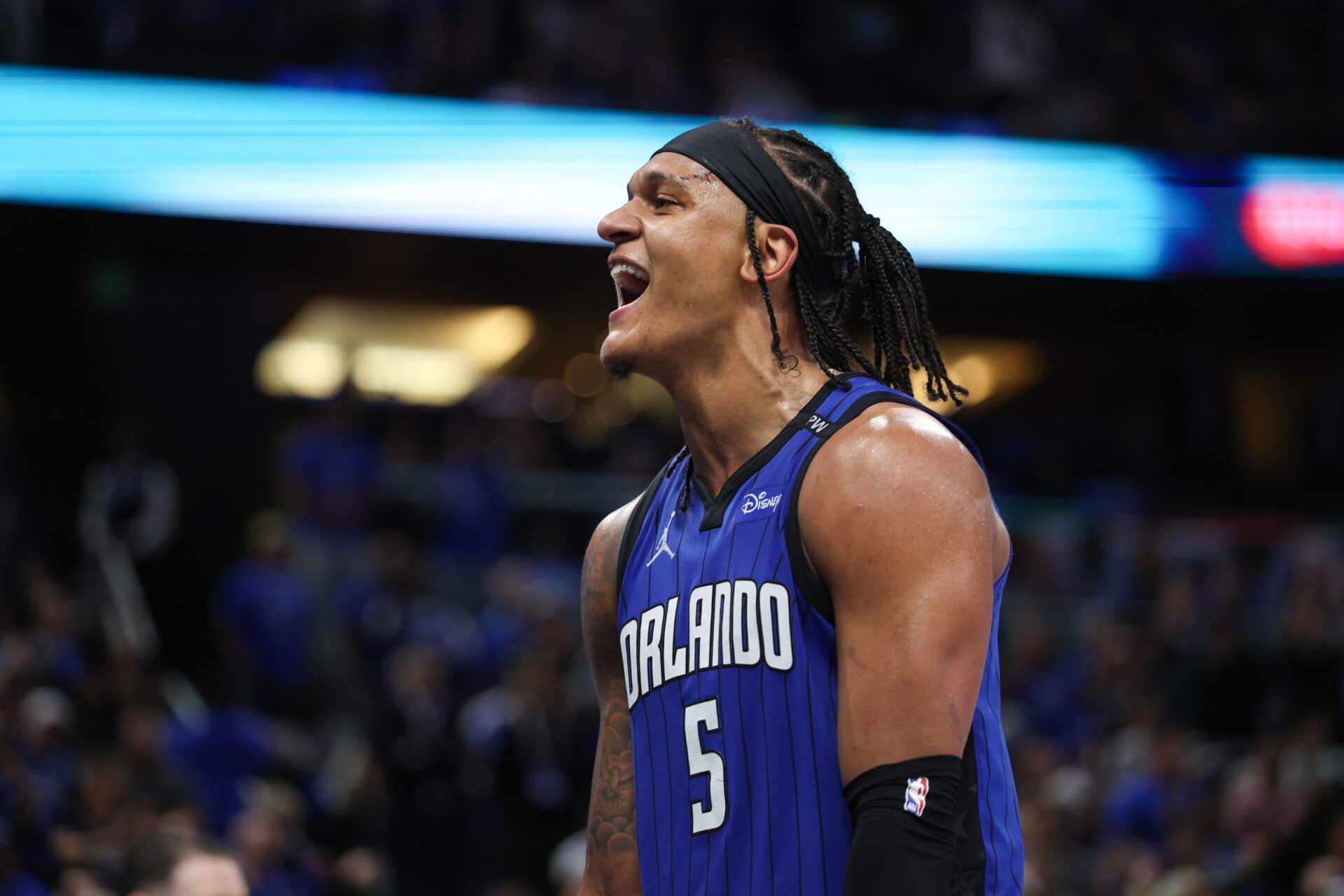 Orlando Magic forward Paolo Banchero (5) reacts after a play against the Atlanta Hawks in the fourth quarter at Kia Center.