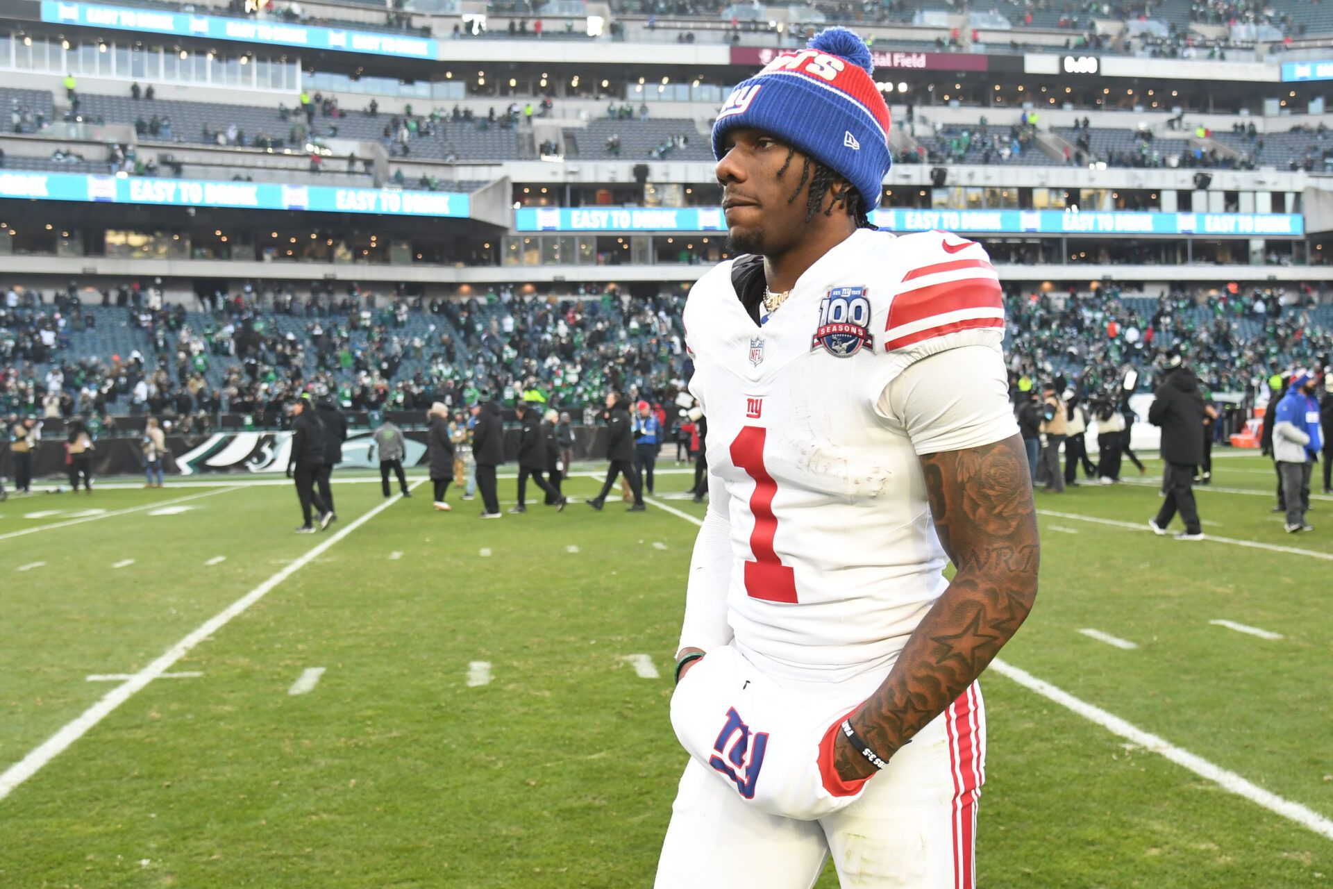 New York Giants wide receiver Malik Nabers (1) walks off the field after loss to Philadelphia Eagles at Lincoln Financial Field.