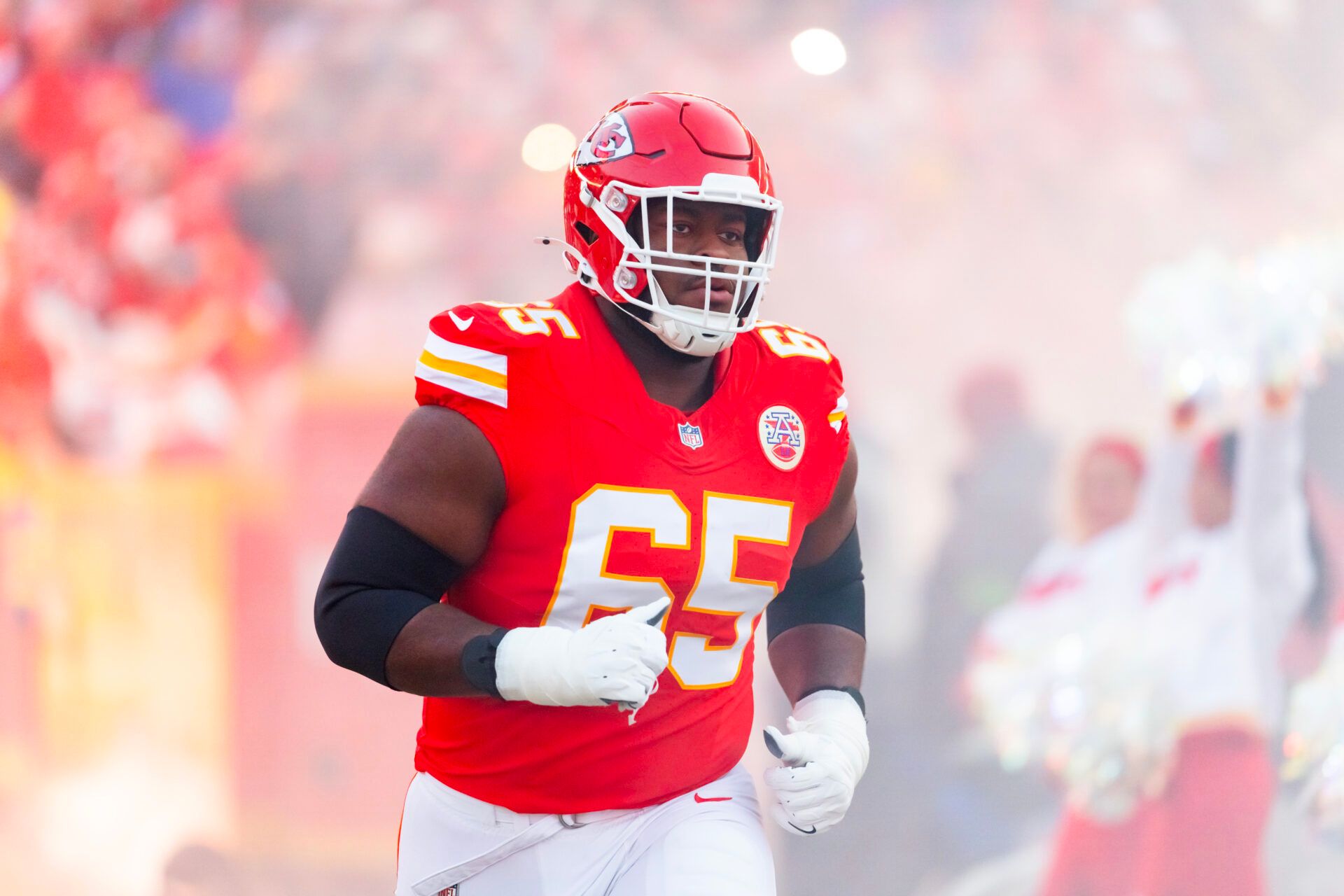 Kansas City Chiefs guard Trey Smith (65) against the Buffalo Bills in the AFC Championship game at GEHA Field at Arrowhead Stadium.