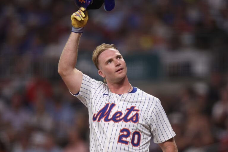 National League first baseman Pete Alonso (20) of the New York Mets reacts in the fourth inning during the 2025 MLB All Star Game at Truist Park.