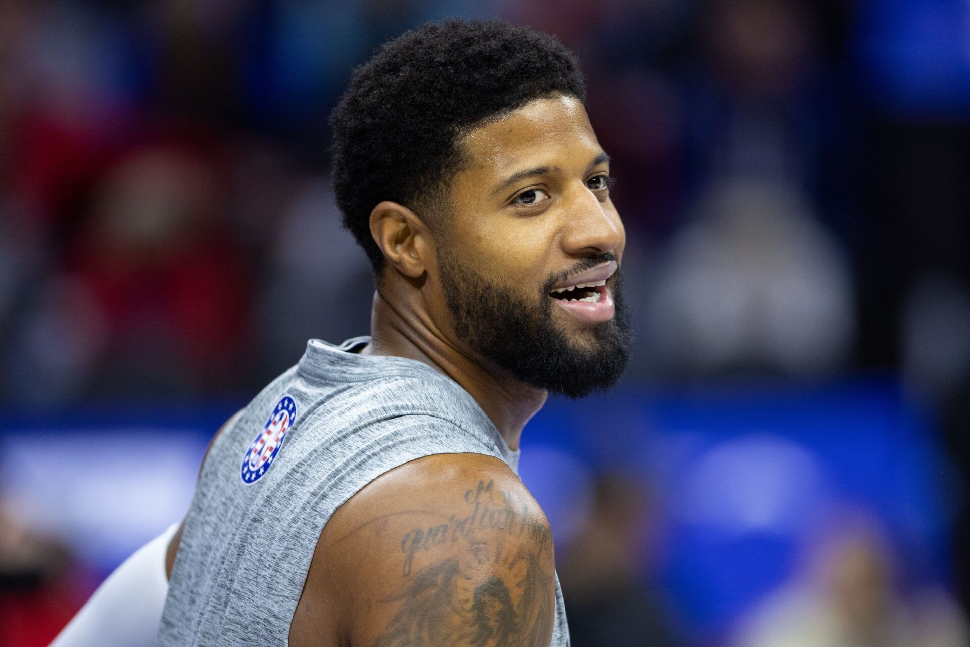 Philadelphia 76ers forward Paul George (8) warms up before action against the Charlotte Hornets during the first quarter at Wells Fargo Center.