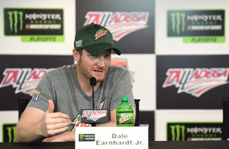 Monster Energy NASCAR Cup Series driver Dale Earnhardt Jr. (88) speaks at a press conference during practice for the Alabama 500 at Talladega Superspeedway.