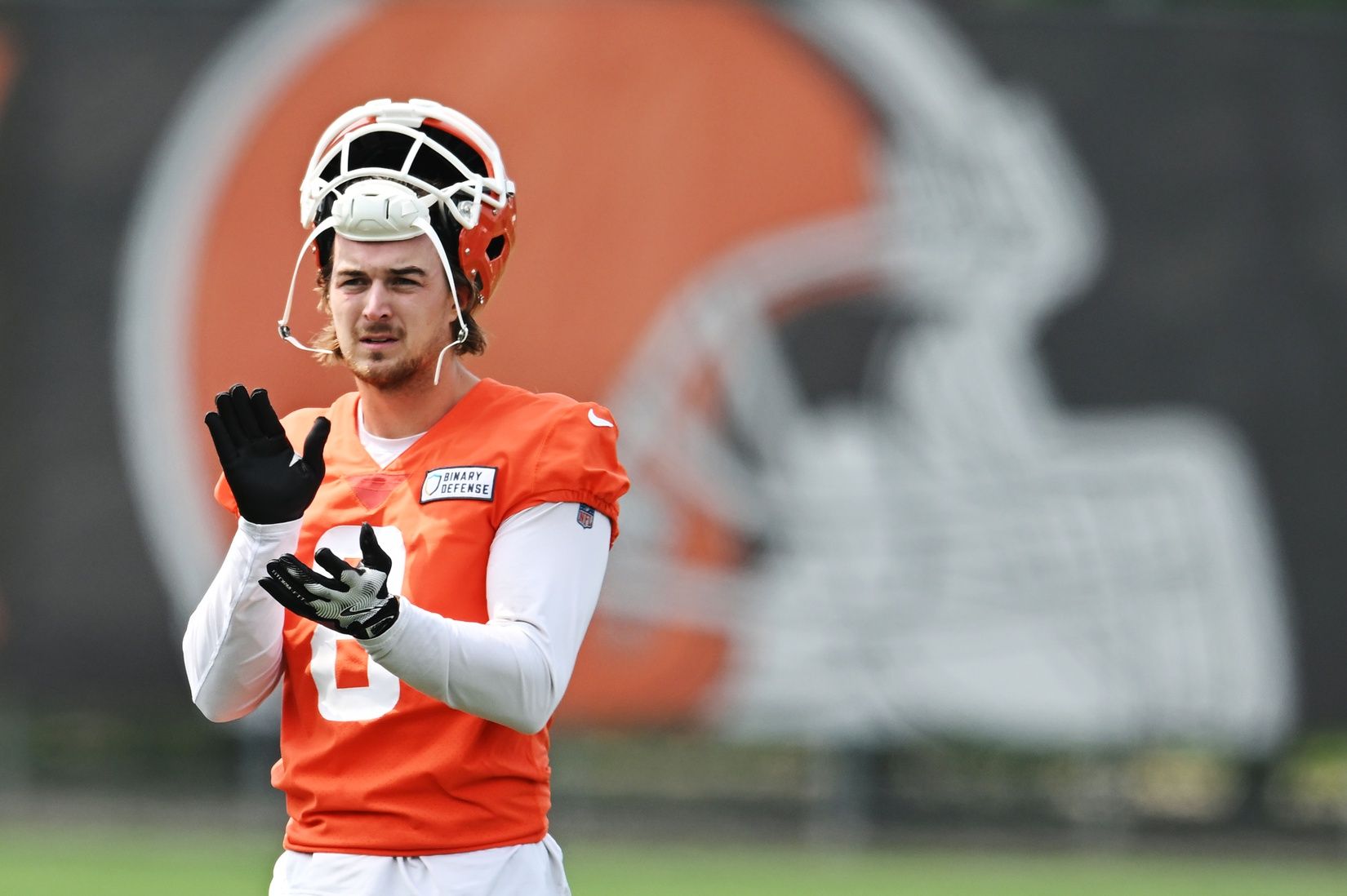 Cleveland Browns quarterback Kenny Pickett (8) looks on during mini camp at CrossCountry Mortgage Campus.