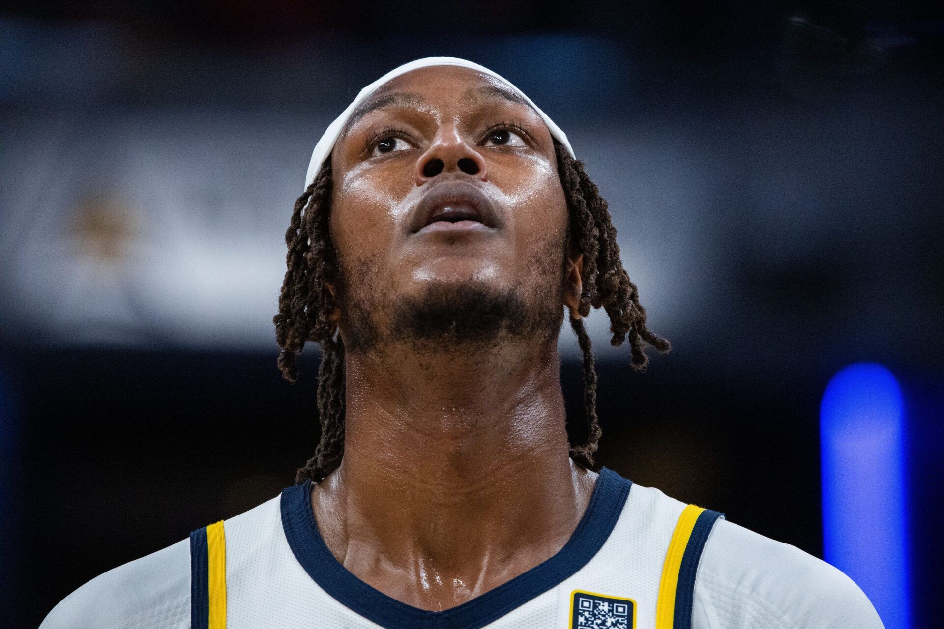 Indiana Pacers center Myles Turner (33) reacts in the second half against the Atlanta Hawks at Gainbridge Fieldhouse.