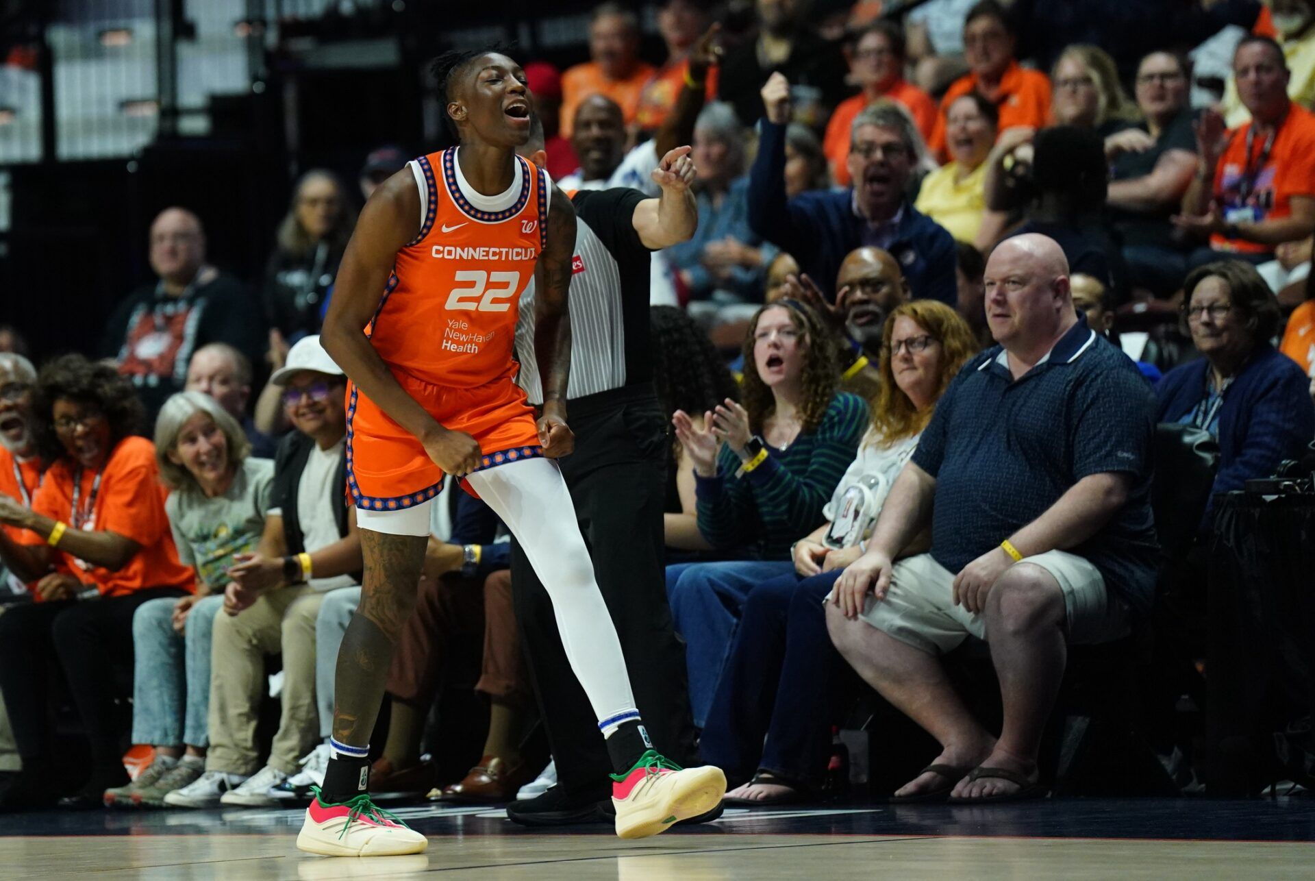Connecticut Sun guard Saniya Rivers (22) reacts after a play against the Atlanta Dream in the second half at Mohegan Sun Arena.
