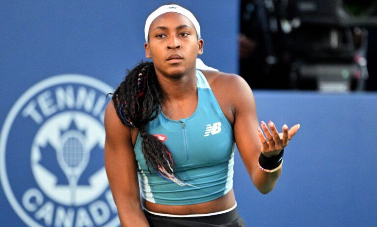 Coco Gauff (USA) reacts after losing a point to Diana Shnaider (not shown) in third round play at Sobeys Stadium.