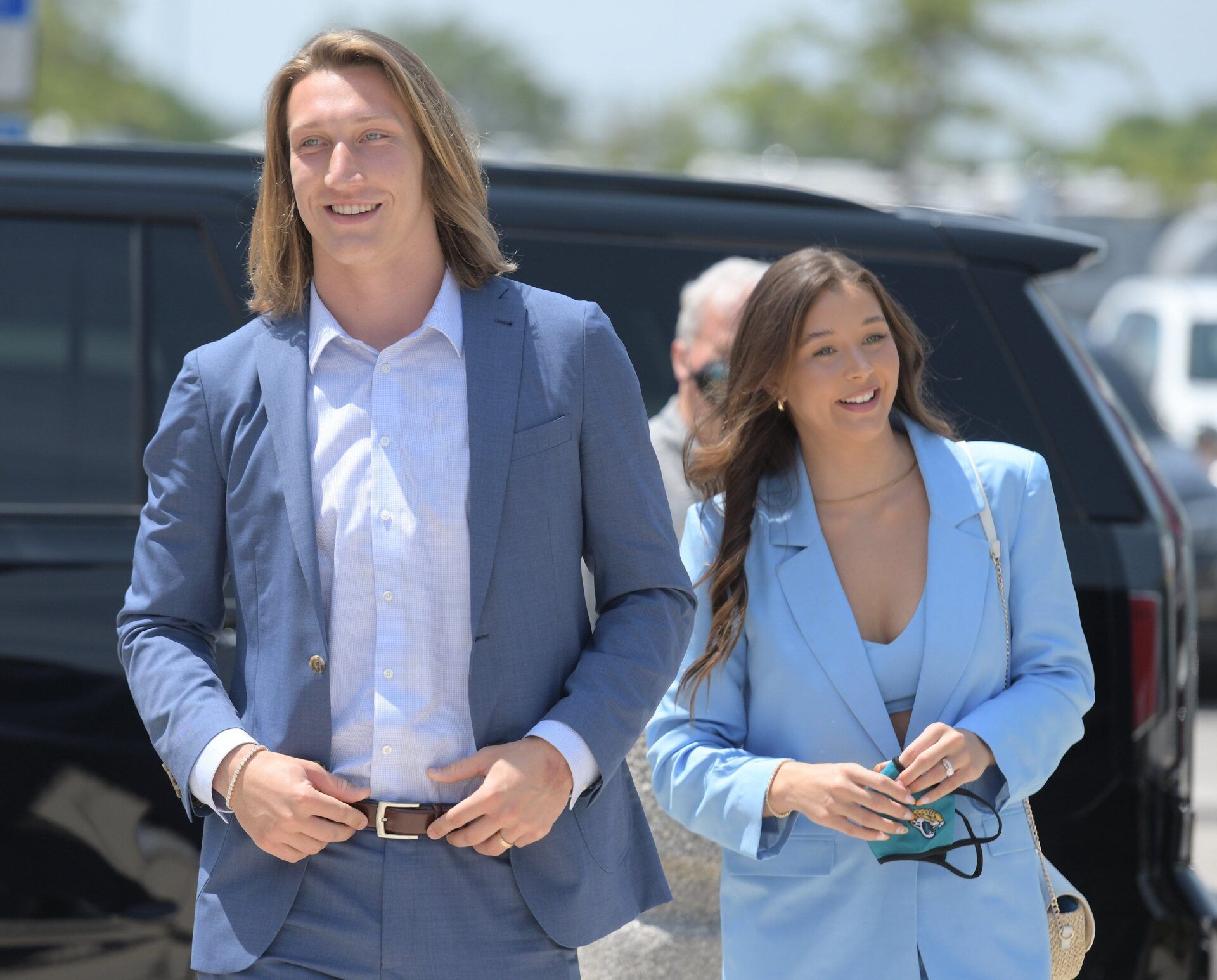 Trevor Lawrence and his wife Marissa Mowry arrive at TIAA Bank Field Friday. The Jacksonville Jaguars' first-round draft pick Trevor Lawrence and his wife Marissa Mowry arrived at TIAA Bank Field in Jacksonville, Florida about noon Friday, April 30, 2021. The couple was greeted by team owner Shad Khan and 35 third-grade students from Long Branch Elementary School.

Jki 043021 Trevorlawrencea 12
