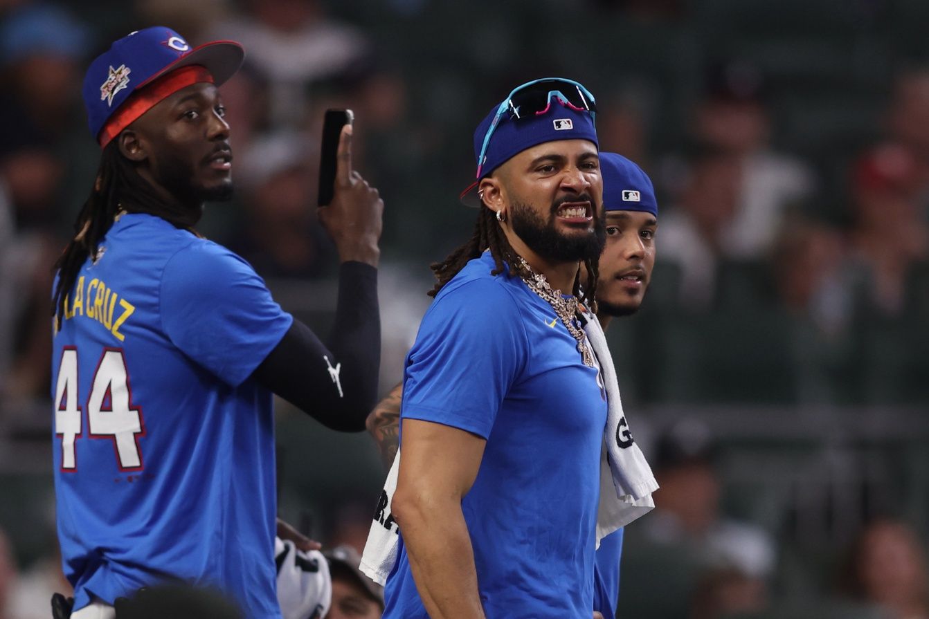 National League outfielder Fernando Tatis Jr. (23) of the San Diego Padres reacts during the 2025 Home Run Derby at Truist Park.