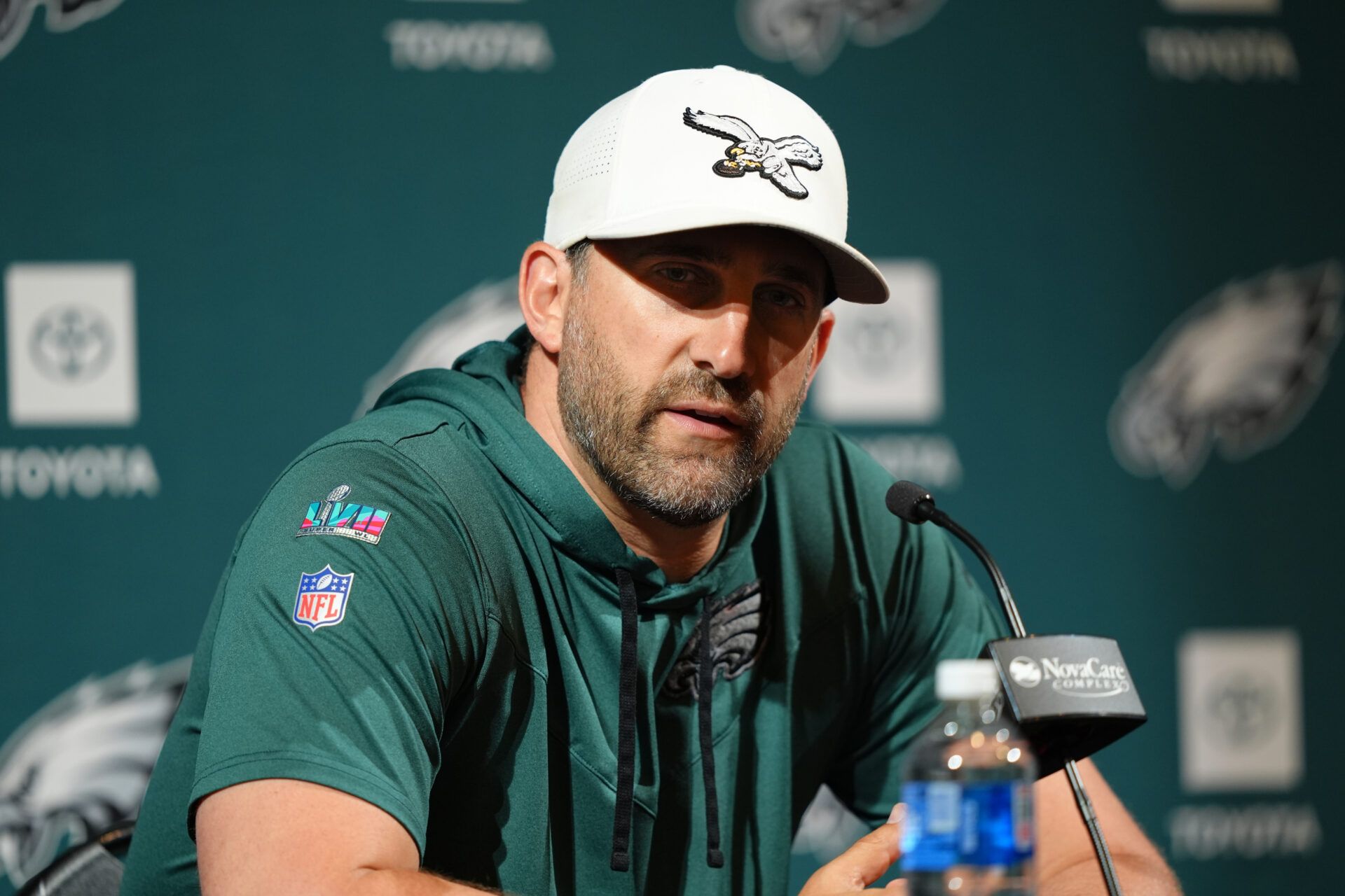 Philadelphia Eagles head coach Nick Sirianni addresses media during a press conference at NovaCare Complex.