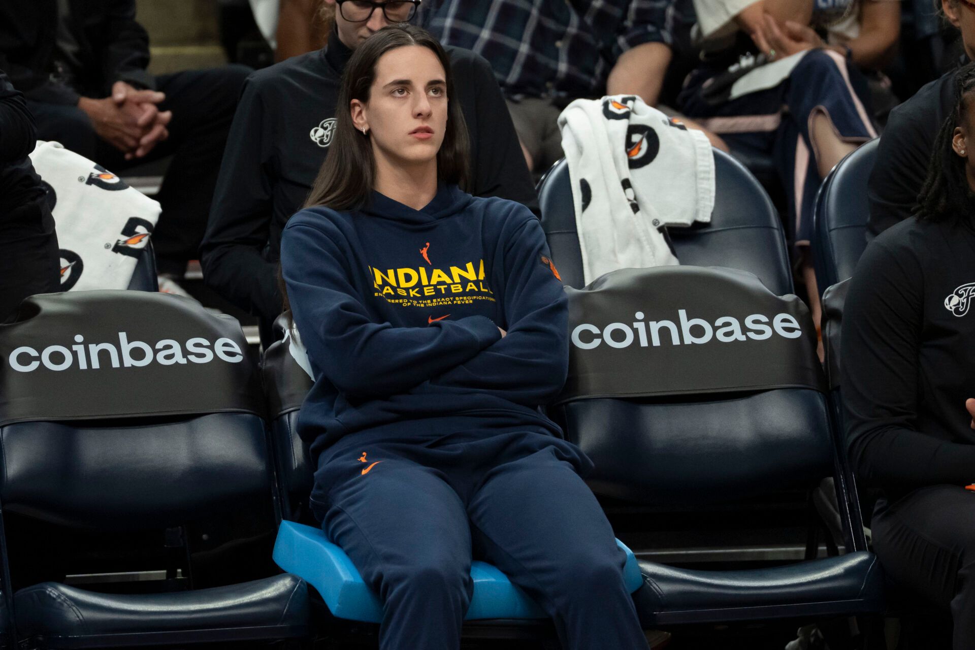 Indiana Fever guard Caitlin Clark (22) looks on against the Minnesota Lynx in the second half during the Commissioner's Cup final at Target Center.
