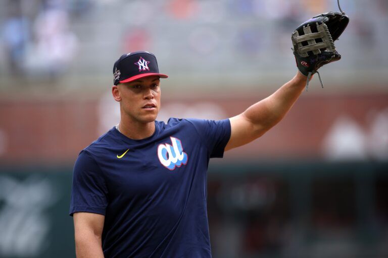 American League outfielder Aaron Judge (99) of the New York Yankees warms up before the 2025 MLB All Star Game at Truist Park.