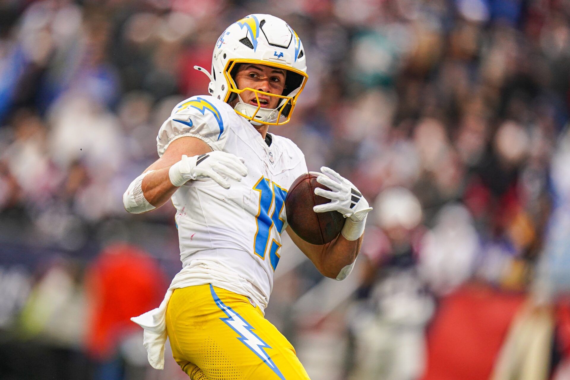 Los Angeles Chargers wide receiver Ladd McConkey (15) makes the touchdown catch against the New England Patriots in the third quarter at Gillette Stadium.