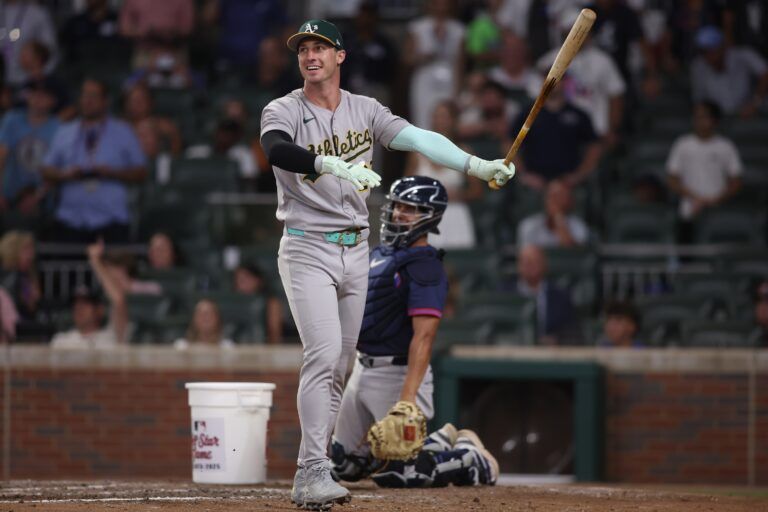 National League designated hitter Brent Rooker (25) of the Athletics reacts in the home run swing off tiebreaker during the 2025 MLB All Star Game at Truist Park.