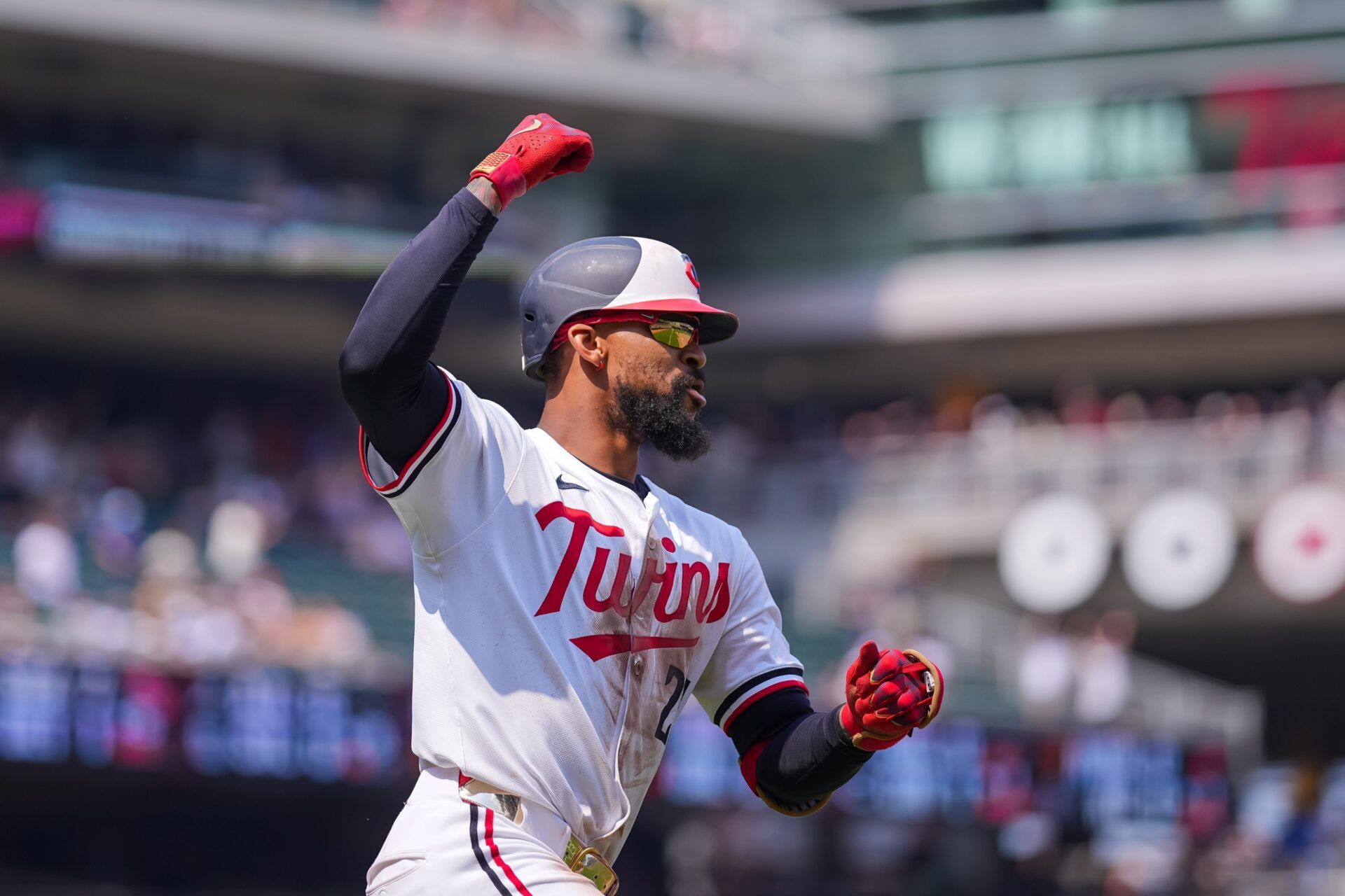 Minnesota Twins outfielder Byron Buxton (25) celebrates his home run for the cycle against the Pittsburgh Pirates in the seventh inning at Target Field.