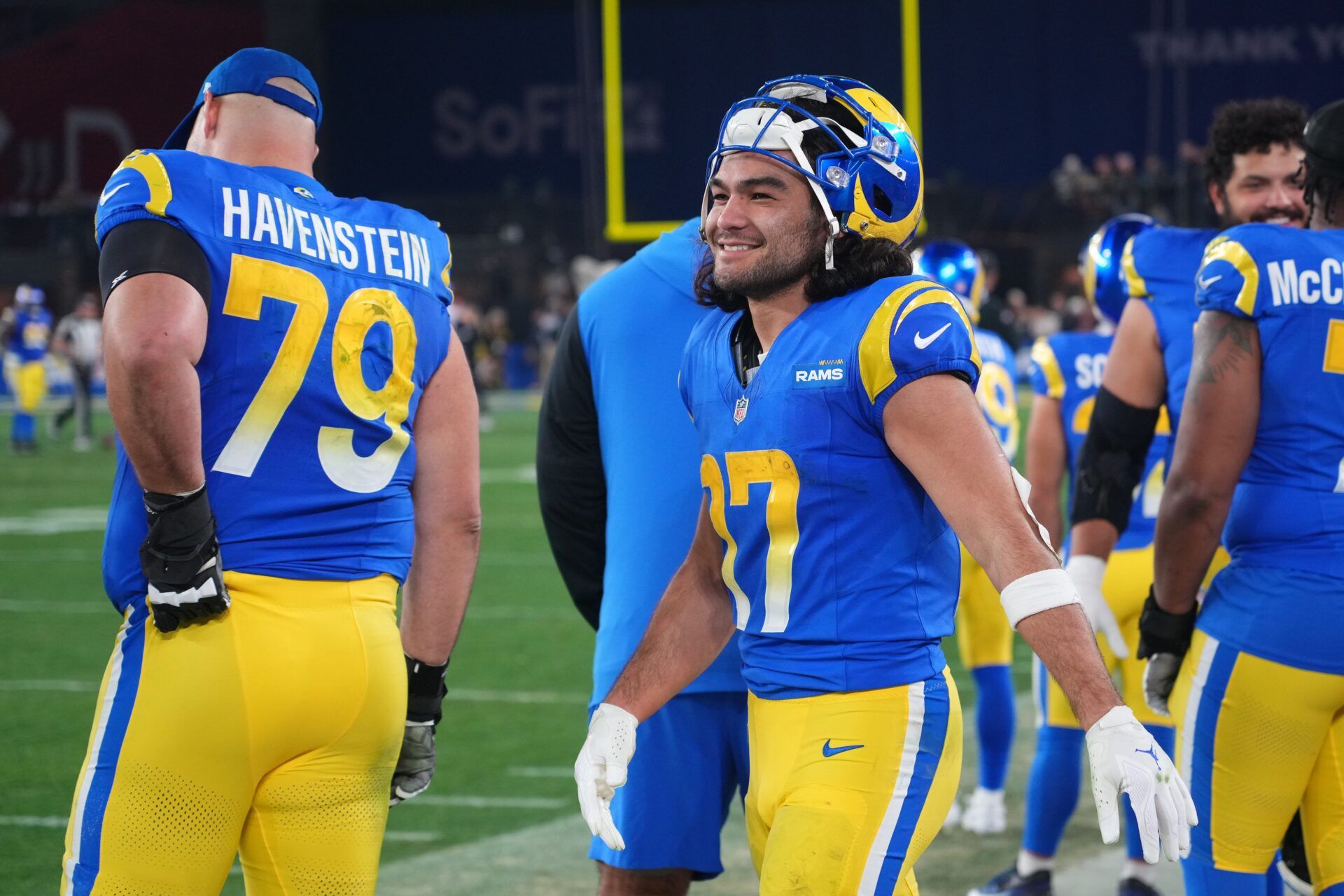 Los Angeles Rams wide receiver Puka Nacua (17) reacts during the second half against the Minnesota Vikings in an NFC wild card game at State Farm Stadium.