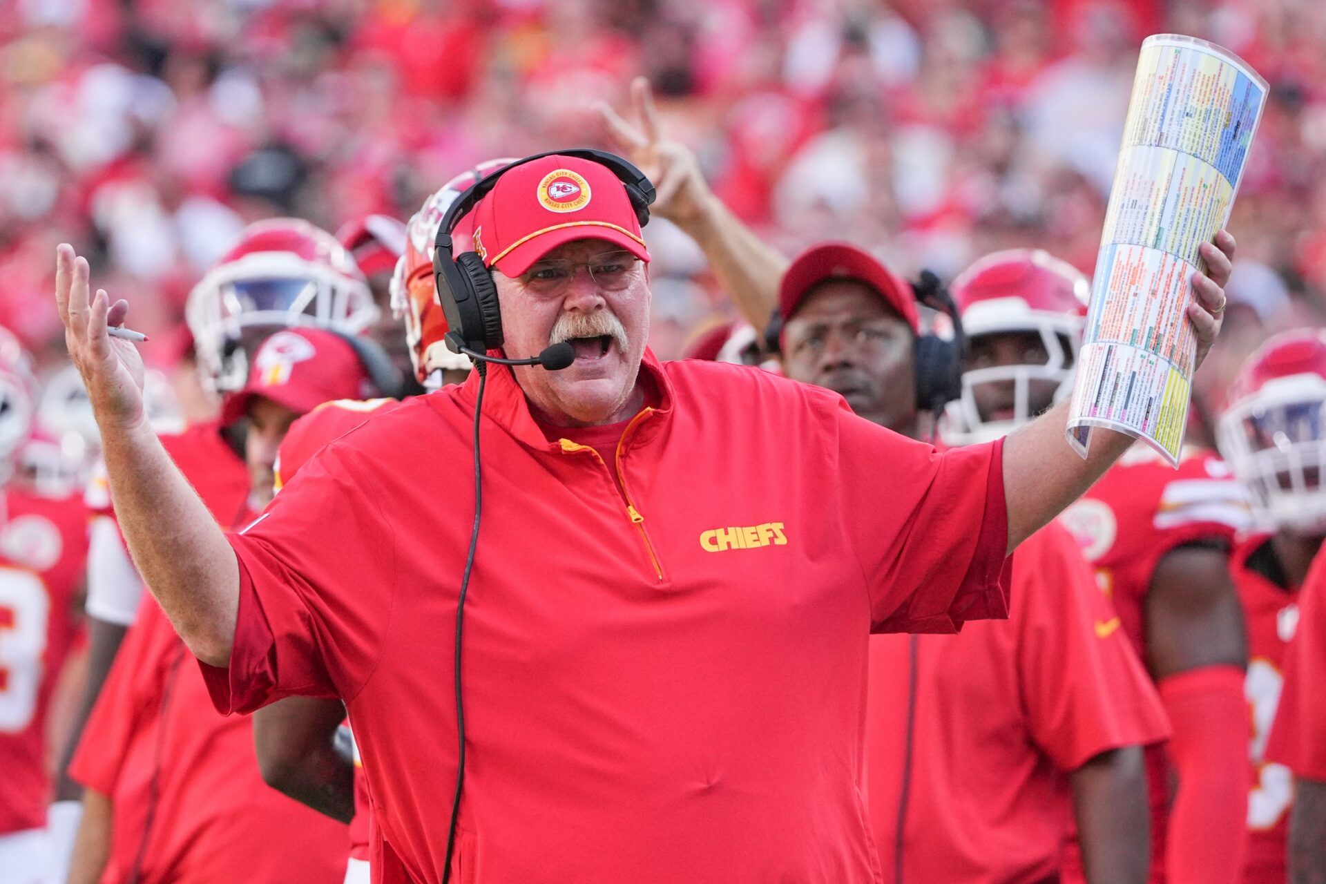 Kansas City Chiefs head coach Andy Reid reacts to a no-call against the Kansas City Chiefs during the first half at GEHA Field at Arrowhead Stadium.