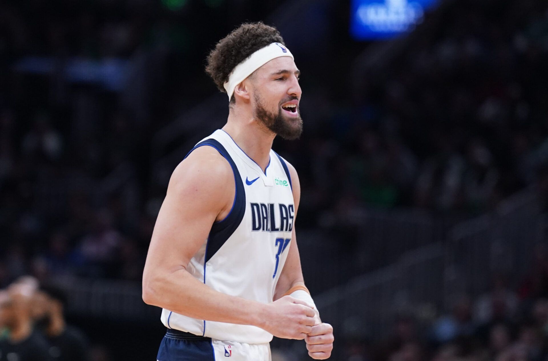 Dallas Mavericks guard Klay Thompson (31) reacts after a play against the Boston Celtics in the second half at TD Garden.