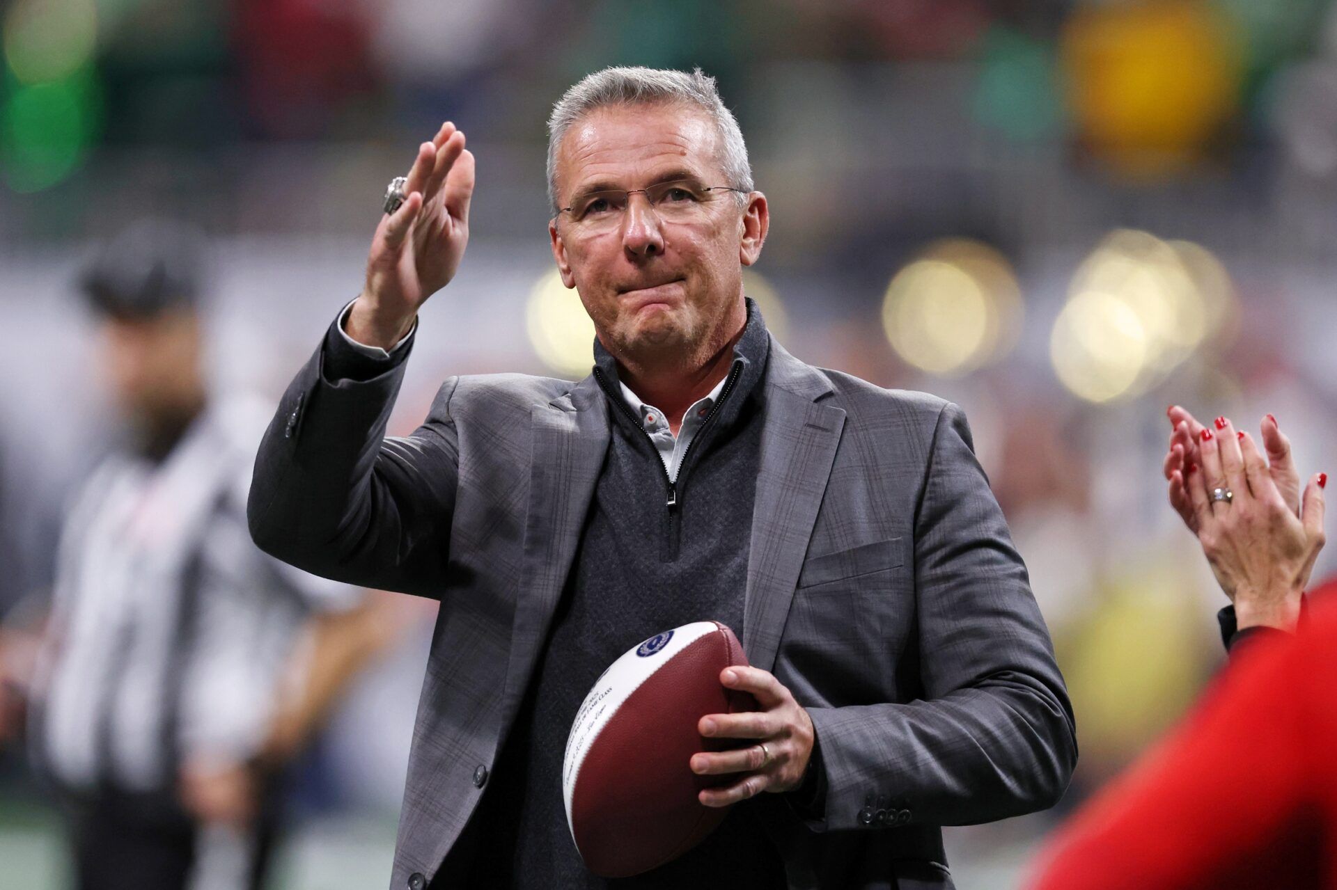 Urban Meyer looks on during the second half the CFP National Championship college football game at Mercedes-Benz Stadium.