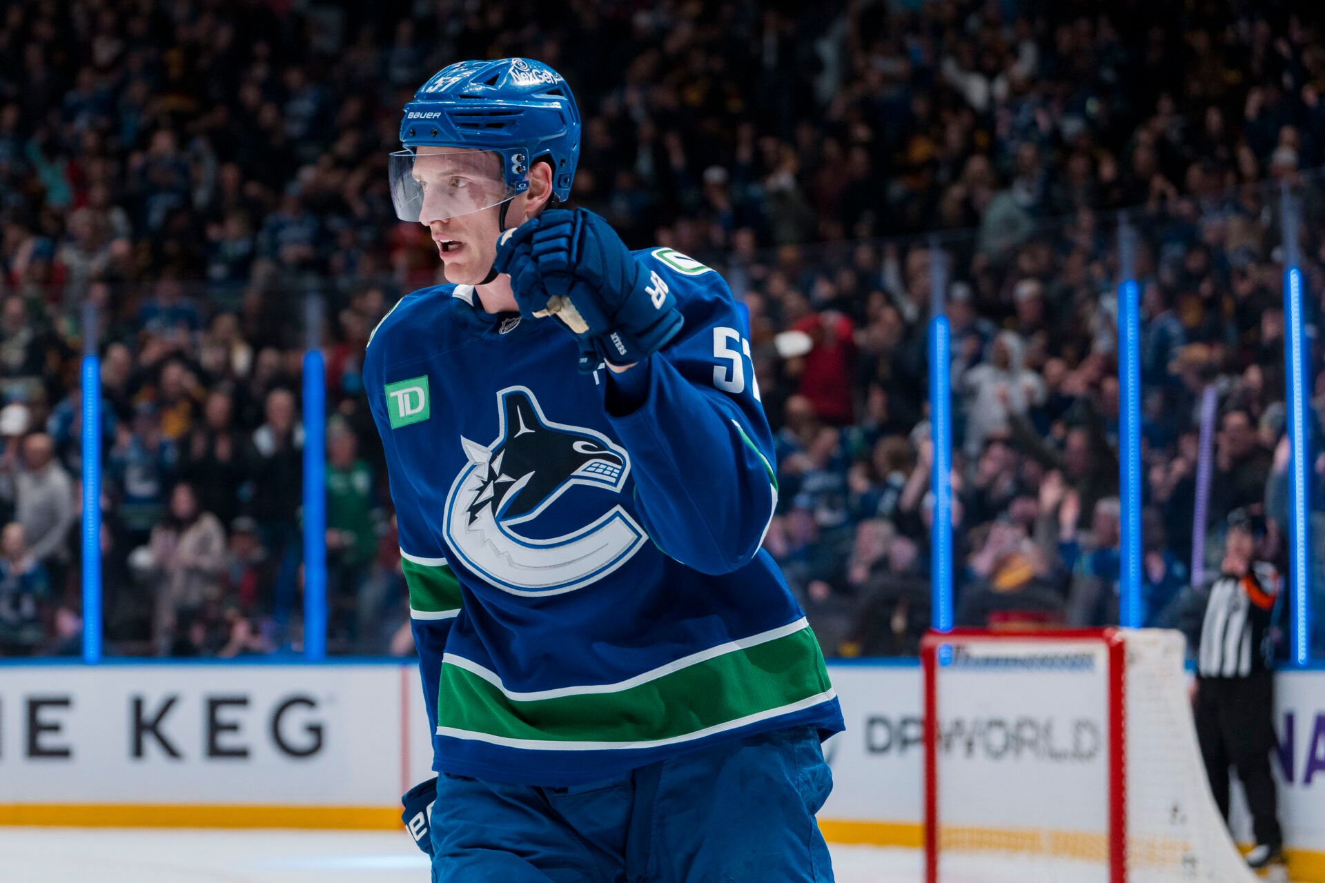 Vancouver Canucks defenseman Tyler Myers (57) celebrates his goal against the Chicago Blackhawks in the first period at Rogers Arena.