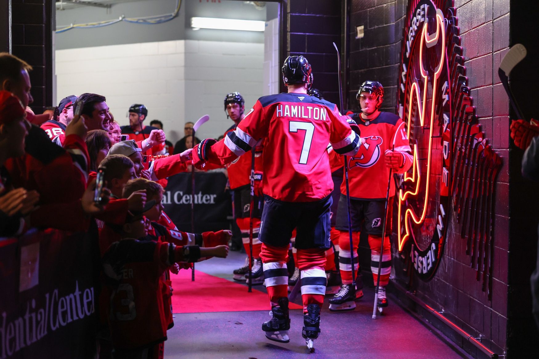 New Jersey Devils defenseman Dougie Hamilton (7) walks to the ice before the start of game three of the first round of the 2025 Stanley Cup Playoffs against the Carolina Hurricanes at Prudential Center.