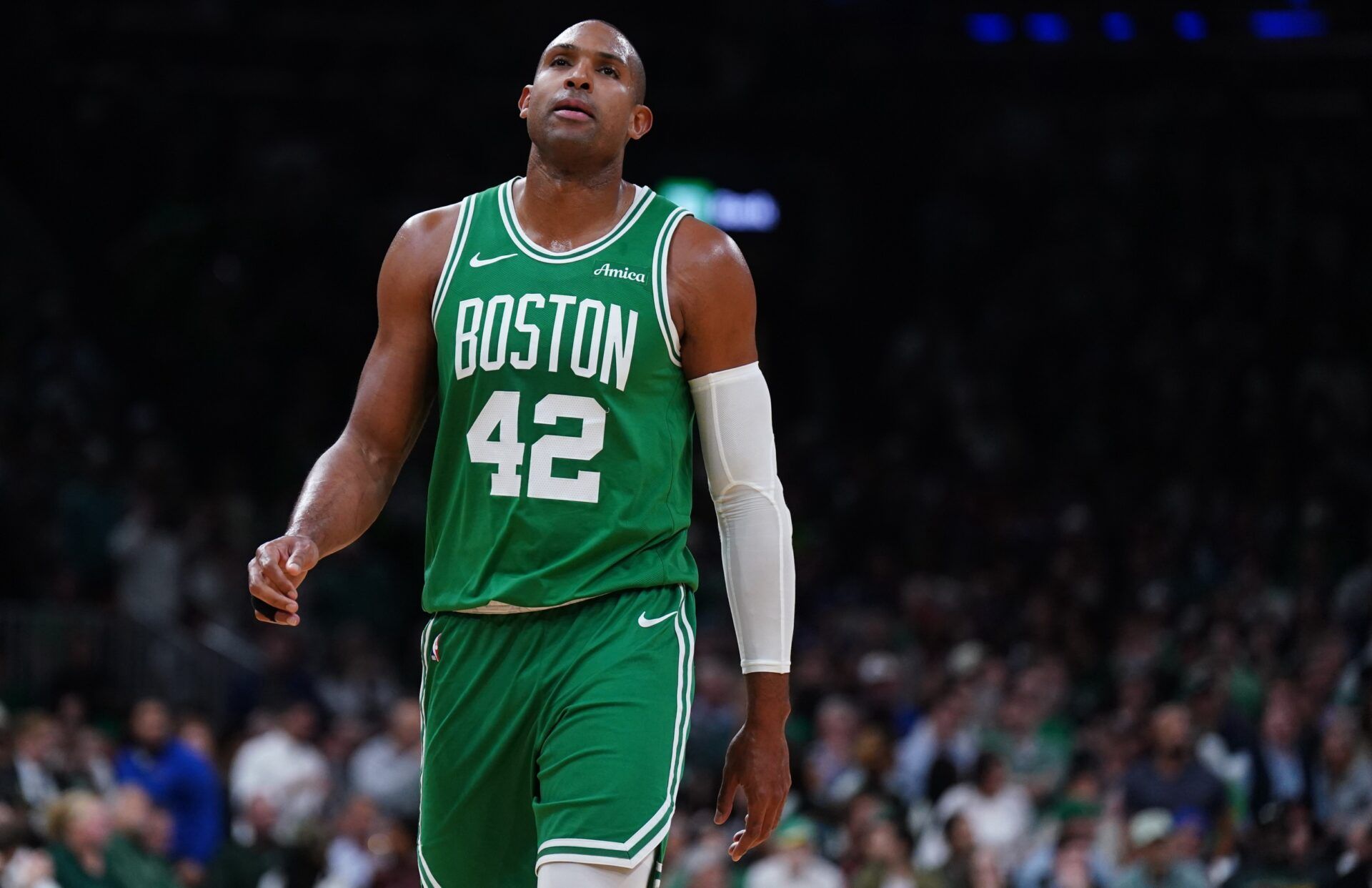 Boston Celtics center Al Horford (42) returns up court against the New York Knicks in the fourth quarter during game two of the second round for the 2025 NBA Playoffs at TD Garden.