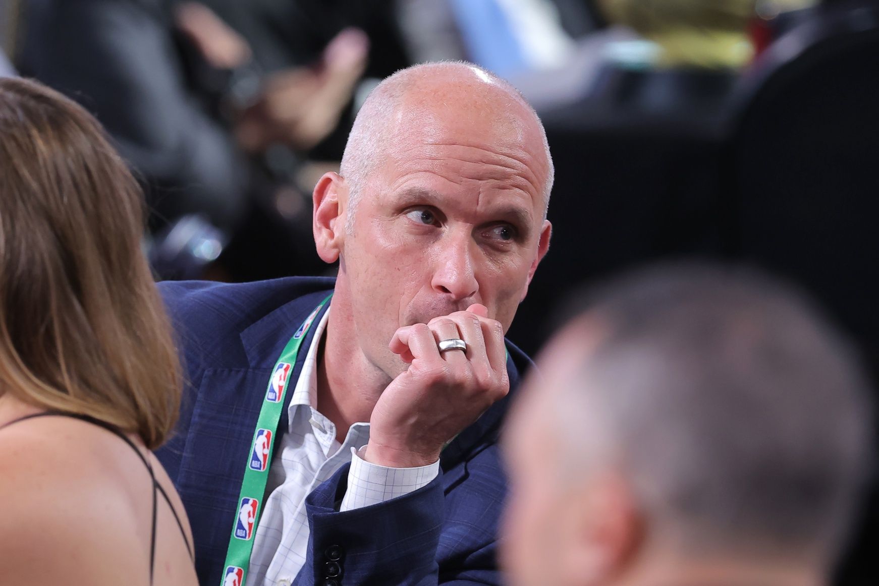 Connecticut Huskies mens basketball head coach Dan Hurley looks on at the table of Liam McNeeley in the first round of the 2025 NBA Draft at Barclays Center.
