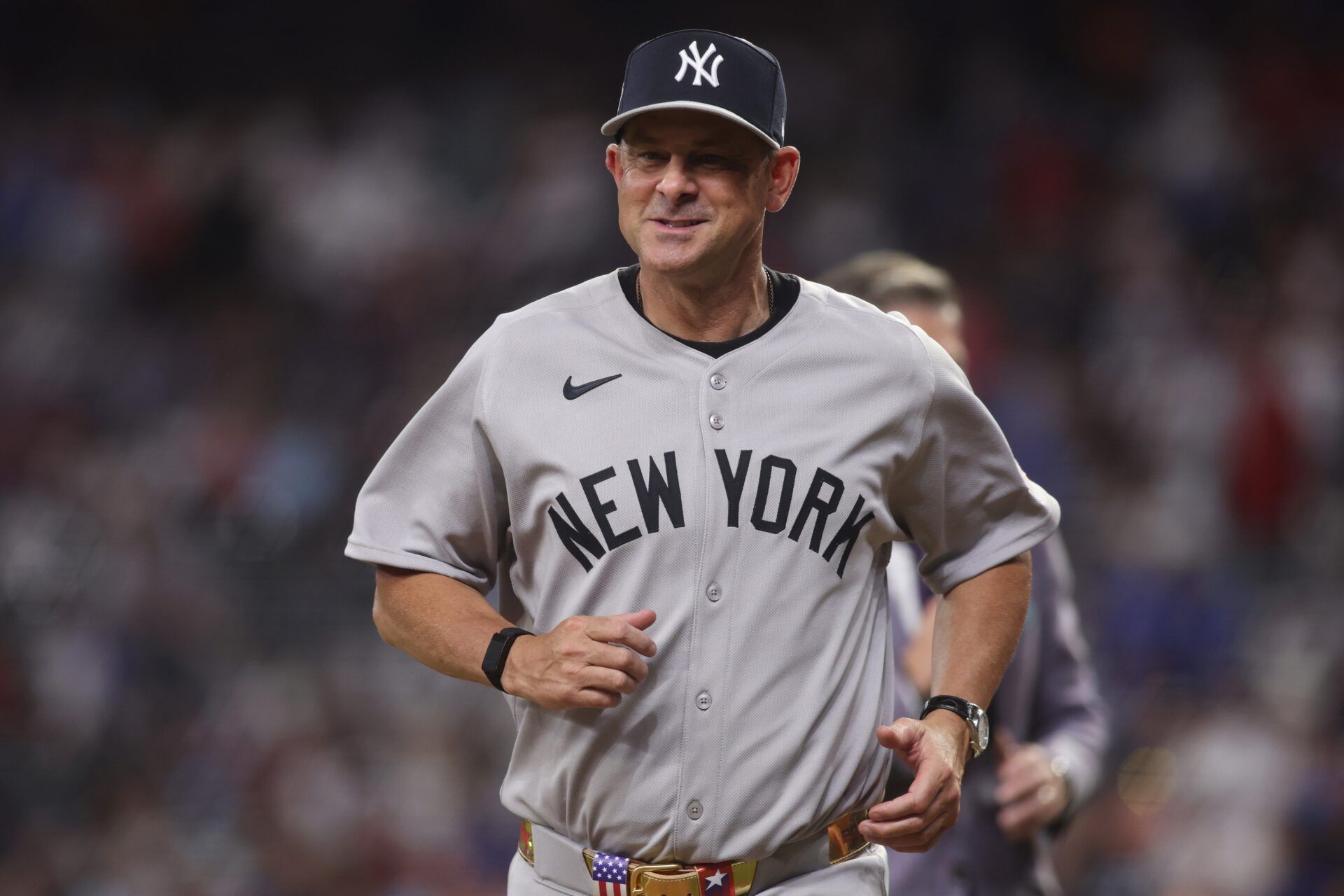 American League manager Aaron Boone (17) of the New York Yankees reacts after the ninth inning during the 2025 MLB All Star Game at Truist Park.