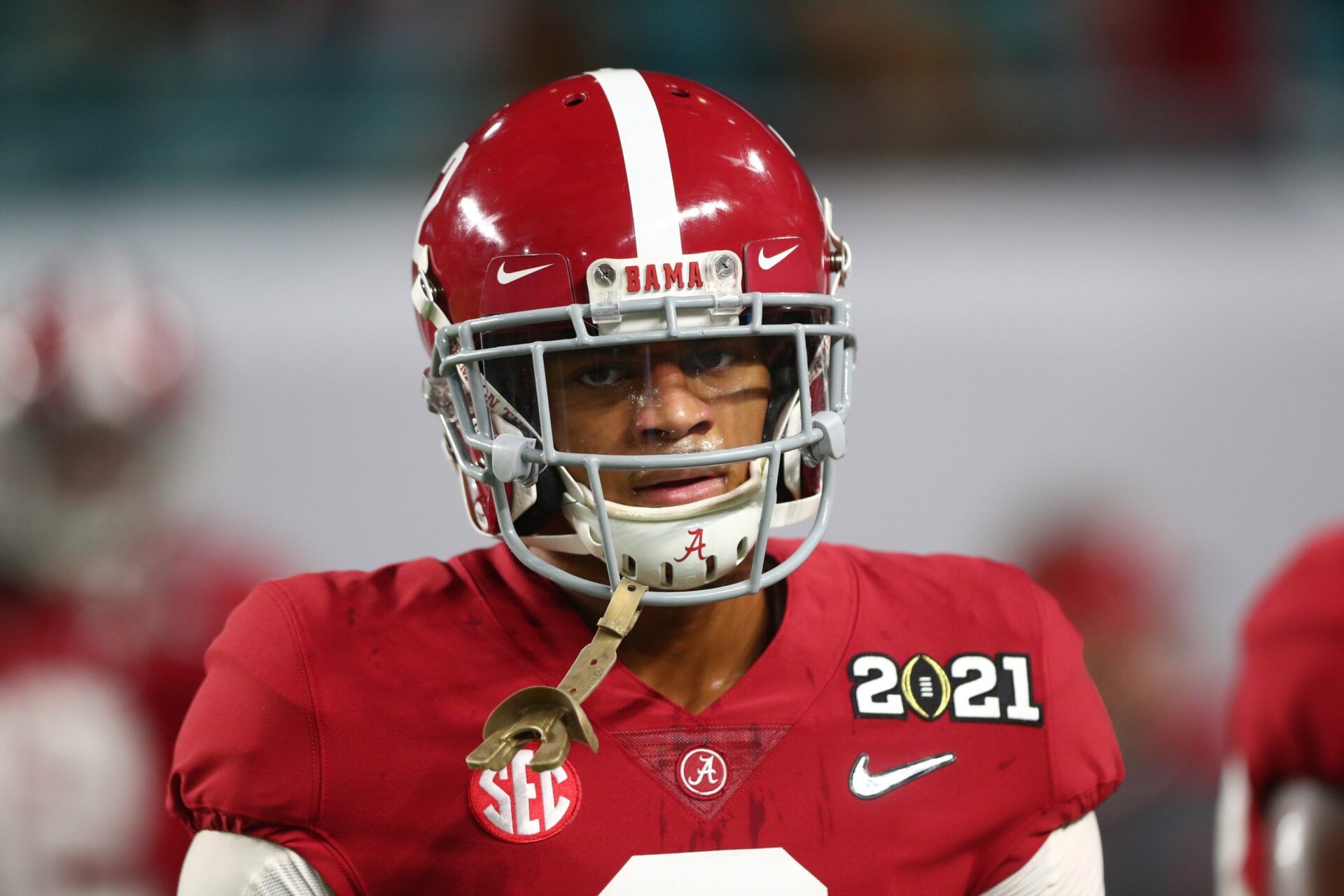 Alabama Crimson Tide defensive back Patrick Surtain II (2) against the Ohio State Buckeyes in the 2021 College Football Playoff National Championship Game.