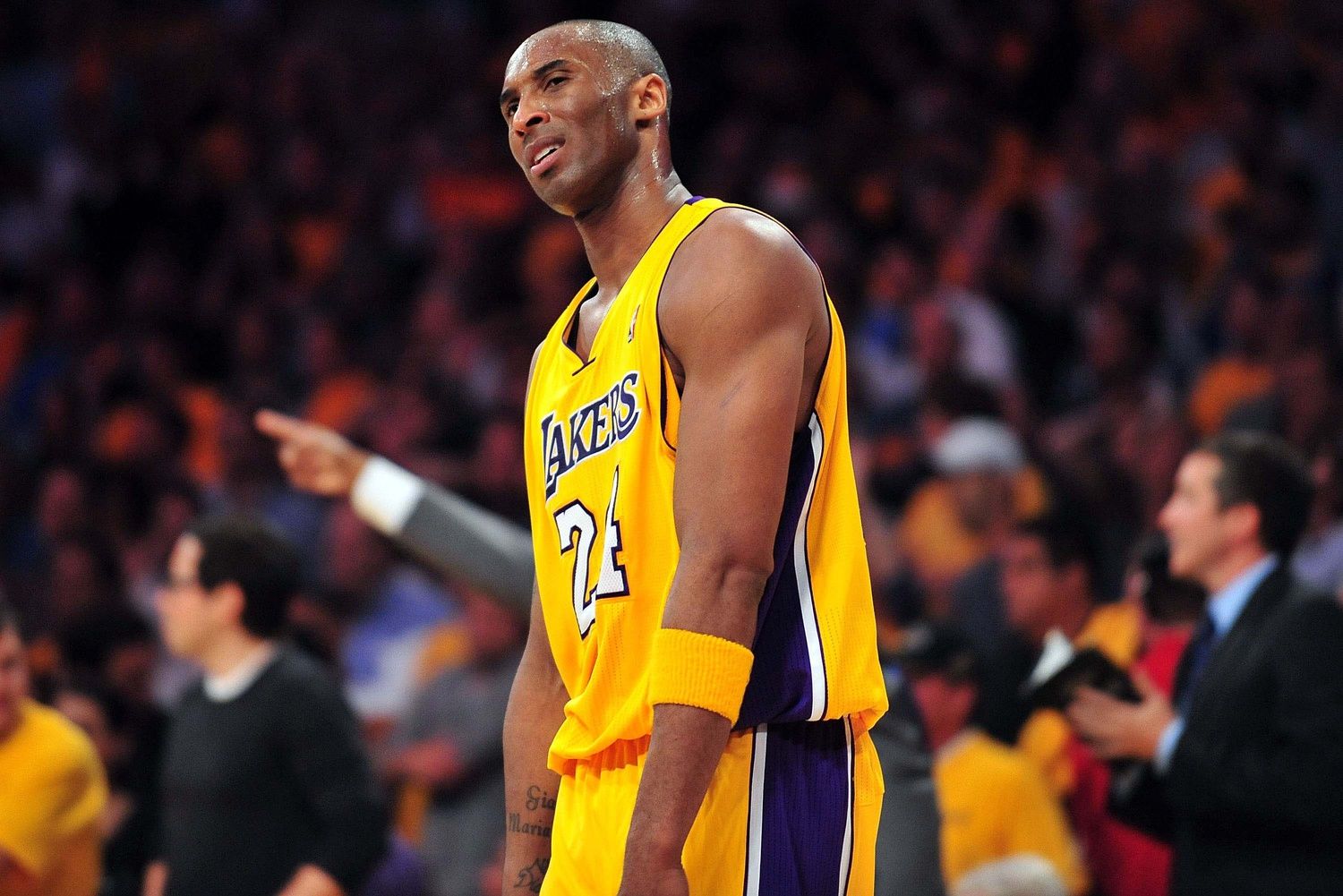 Los Angeles Lakers shooting guard Kobe Bryant (24) reacts after turning the ball over against the Dallas Mavericks during the second half in game one of the second round of the 2011 NBA playoffs at the Staples Center. Dallas defeats Los Angeles 96-94.