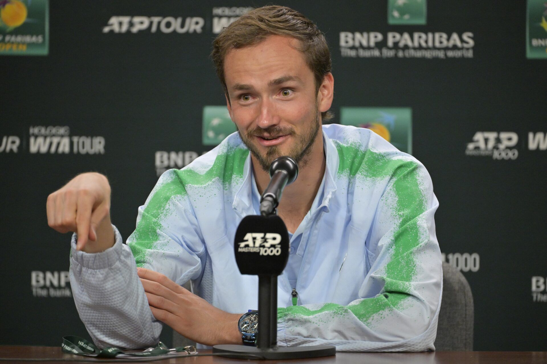 Daniil Medvedev (RUS) talks to the media during a news conference for the BNP Paribas Open at the Indian Well Tennis Garden.