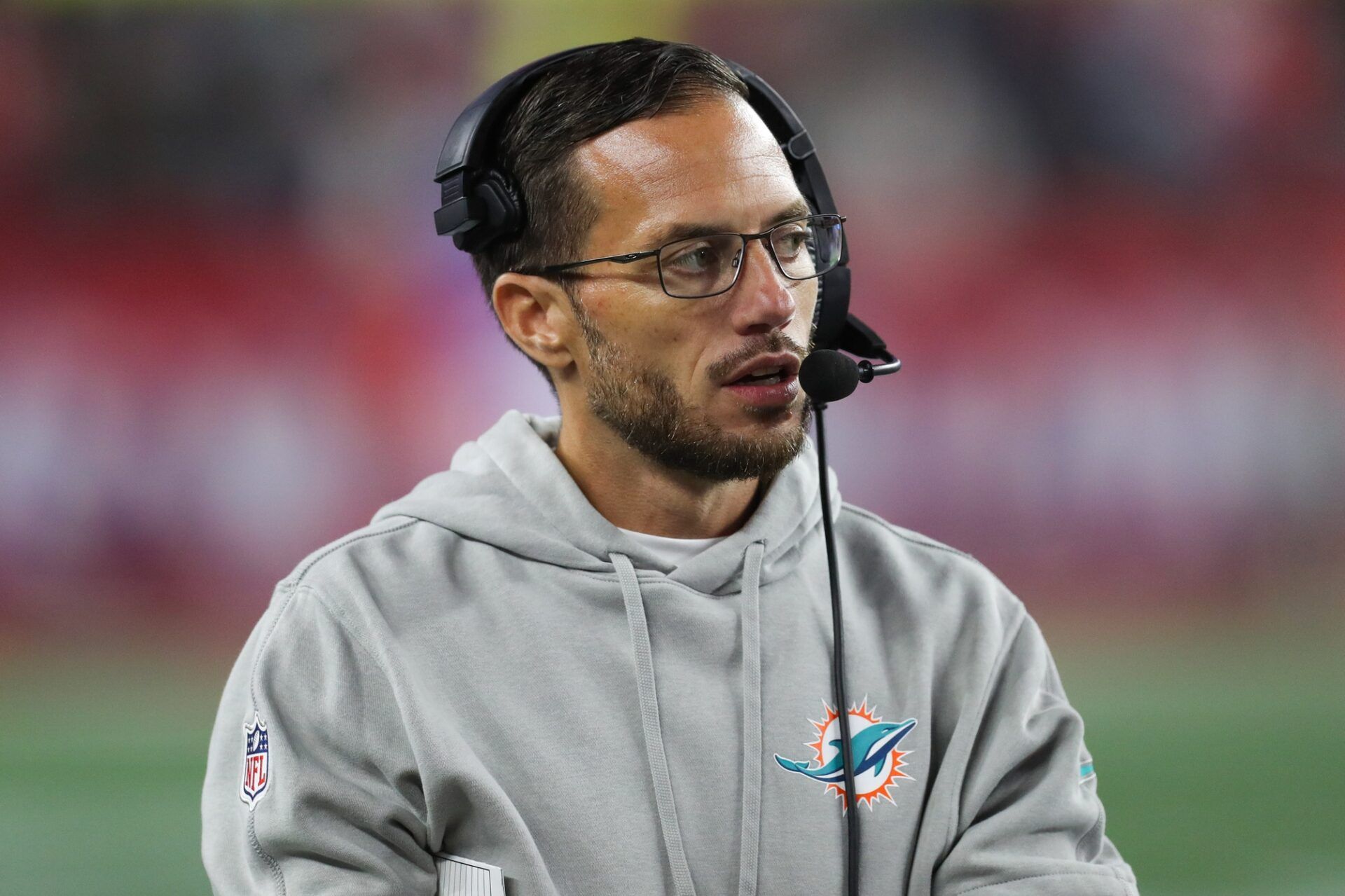 Miami Dolphins head coach Mike McDaniel reacts during the first half against the New England Patriots at Gillette Stadium.
