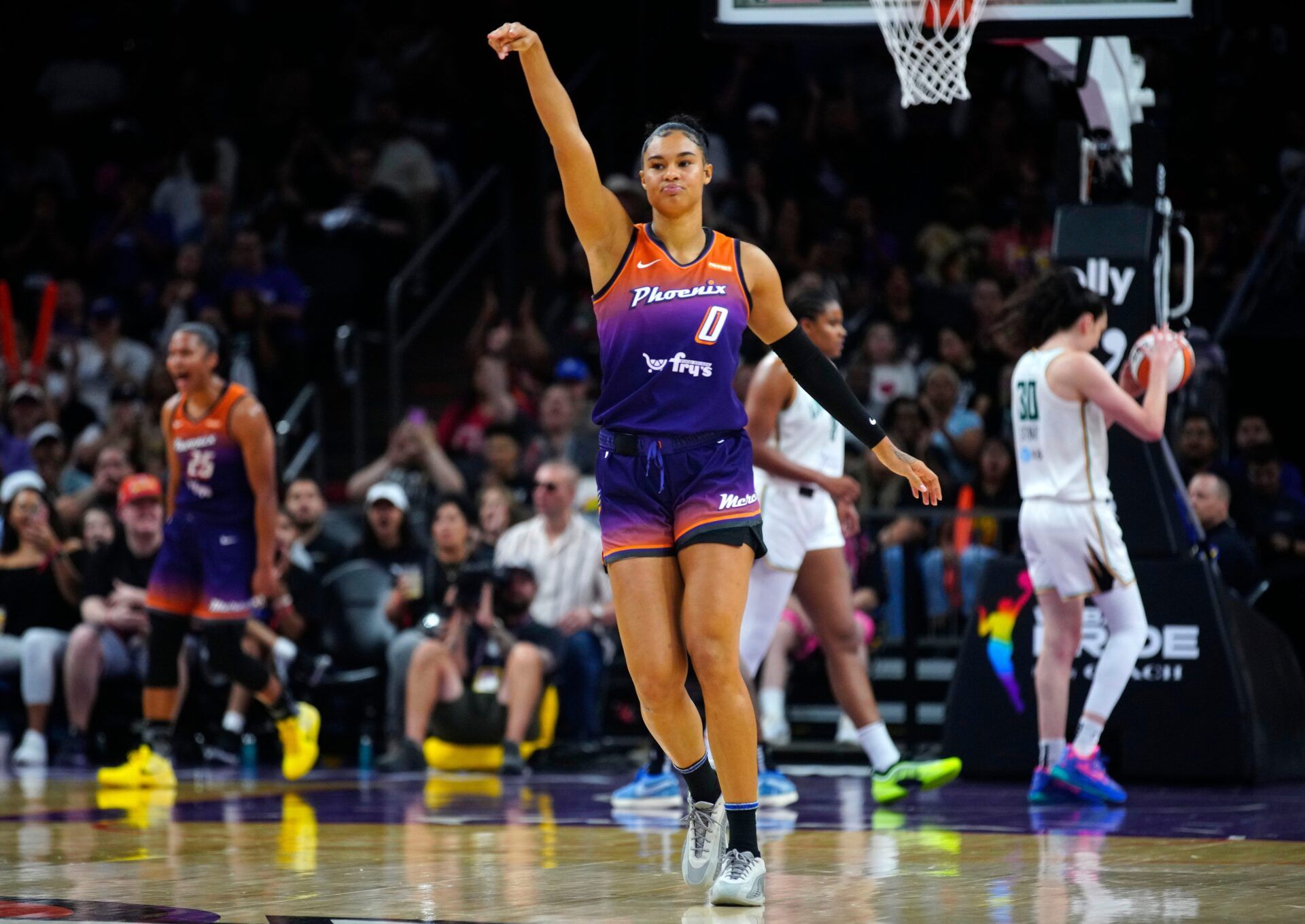 Mercury forward Satou Sabally (8) celebrates a three-pointer against the Liberty during a game at PHX Arena in Phoenix, on June 27, 2025.