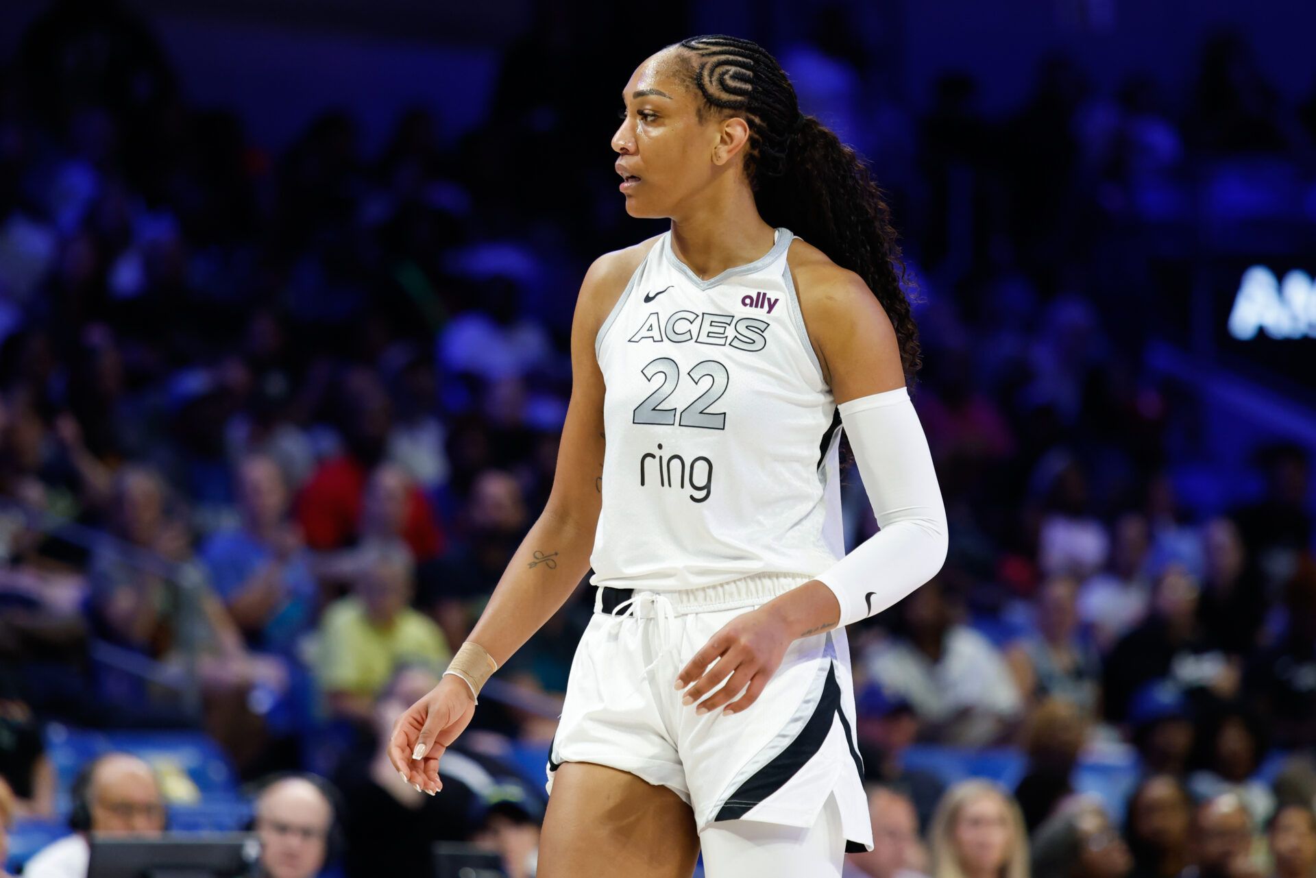 Las Vegas Aces center A'ja Wilson (22) reacts against the Dallas Wings during the first half at College Park Center.