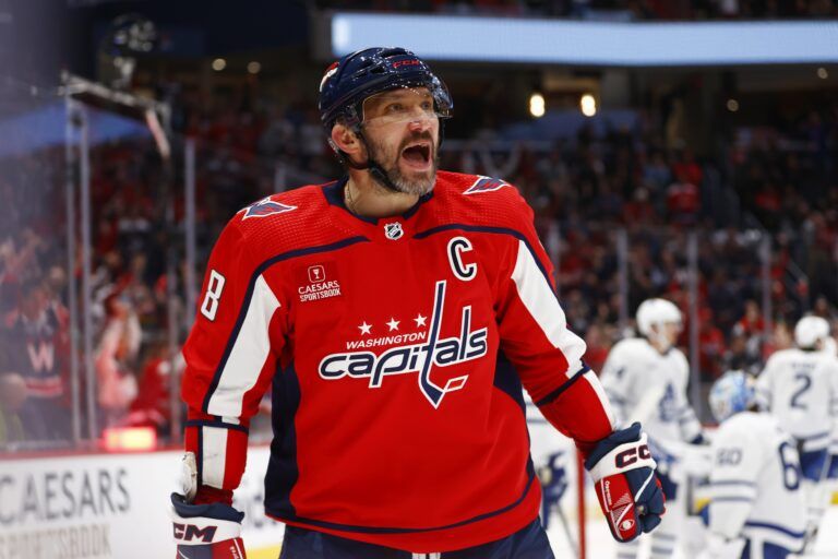 Washington Capitals left wing Alex Ovechkin (8) celebrates after scoring a goal against the Toronto Maple Leafs during the third period at Capital One Arena.